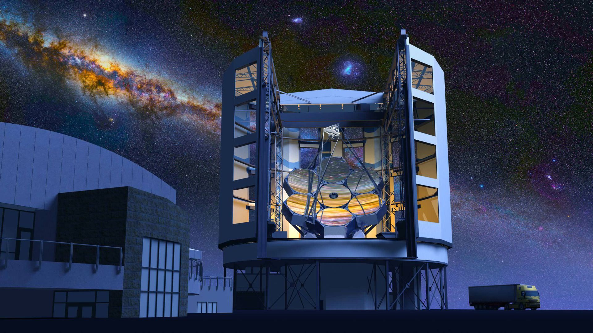 مرجع متخصصين ايران تصوير هنري از تلسكوپ بزرگ ماژلان و آينه ۷ بخشي آن