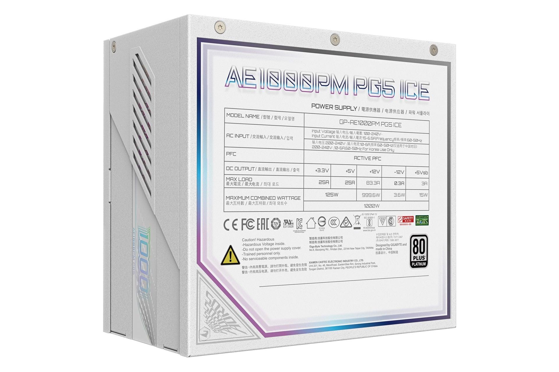 پاور کامپیوتر گیگابایت GIGABYTE AORUS ELITE P1000W Platinum 1000W سفید از نمای کناری