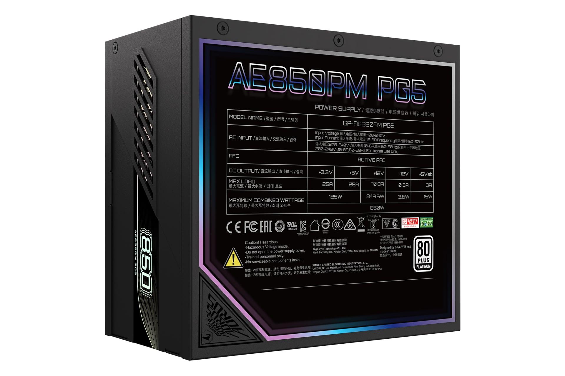 پاور کامپیوتر گیگابایت GIGABYTE AORUS ELITE P850W Platinum 850W مشکی از نمای کناری