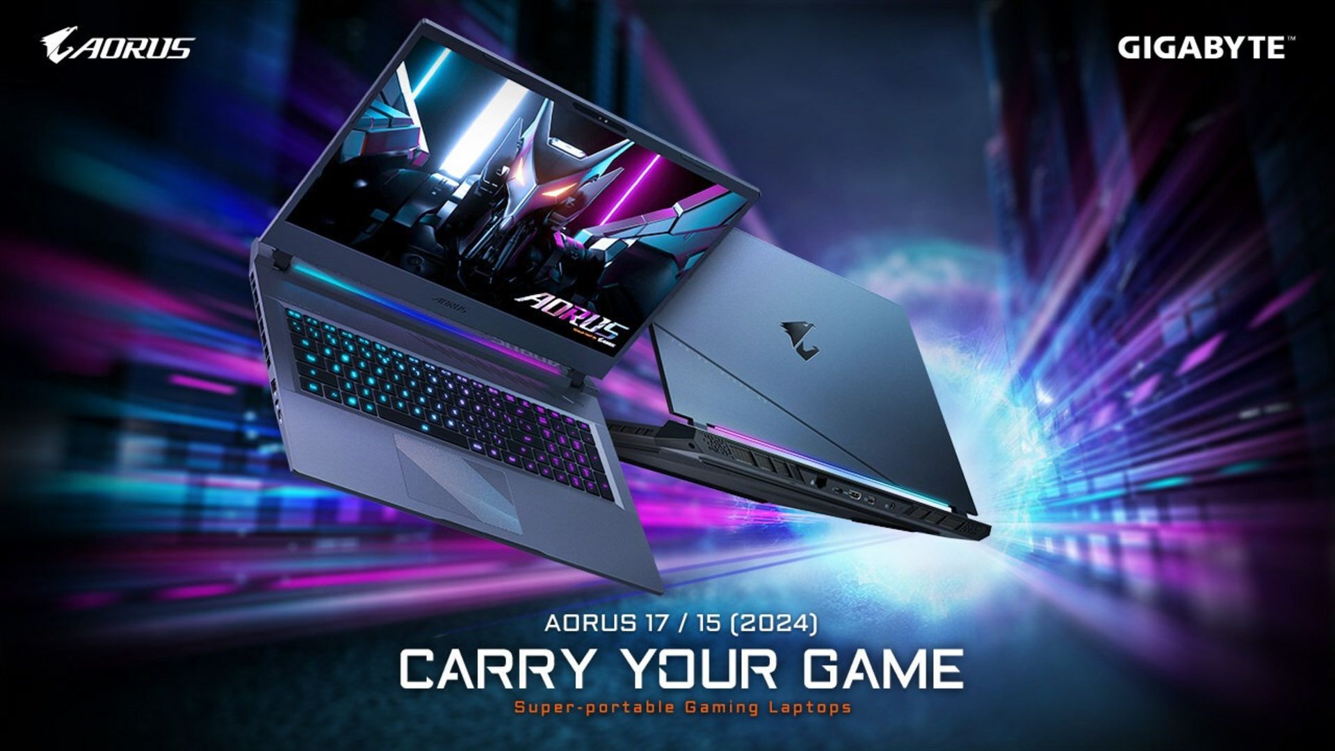 لپ تاپ ۲۰۲۴ aorus 17 گیگابایت در زوایای مختلف و متن معرفی محصول