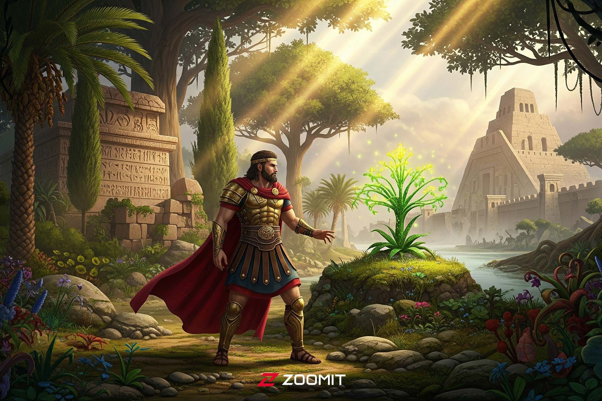 تصویرسازی از انسان تنومندی باستانی درمقابل گیاهی سبز