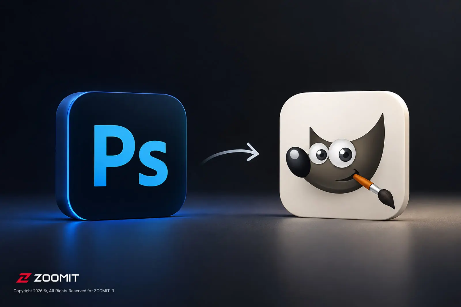 آیکون نرم‌افزار فتوشاپ و نرم‌افزار GIMP با فلش انتقال