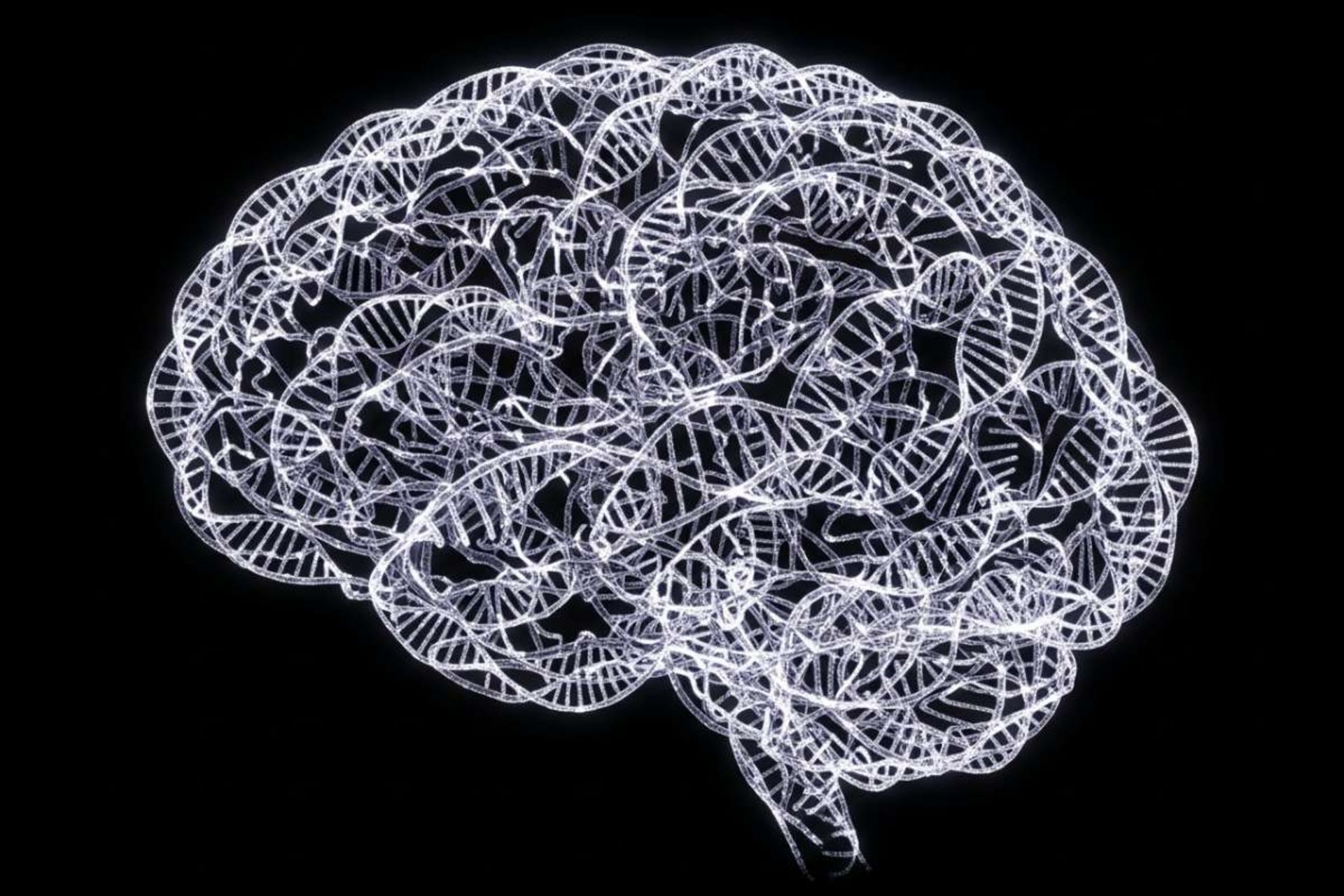 تصویر مفهومی از رشته‌های درخشان DNA که به شکل مغز انسان در پس‌زمینه‌ای تاریک در هم تنیده شده‌اند.