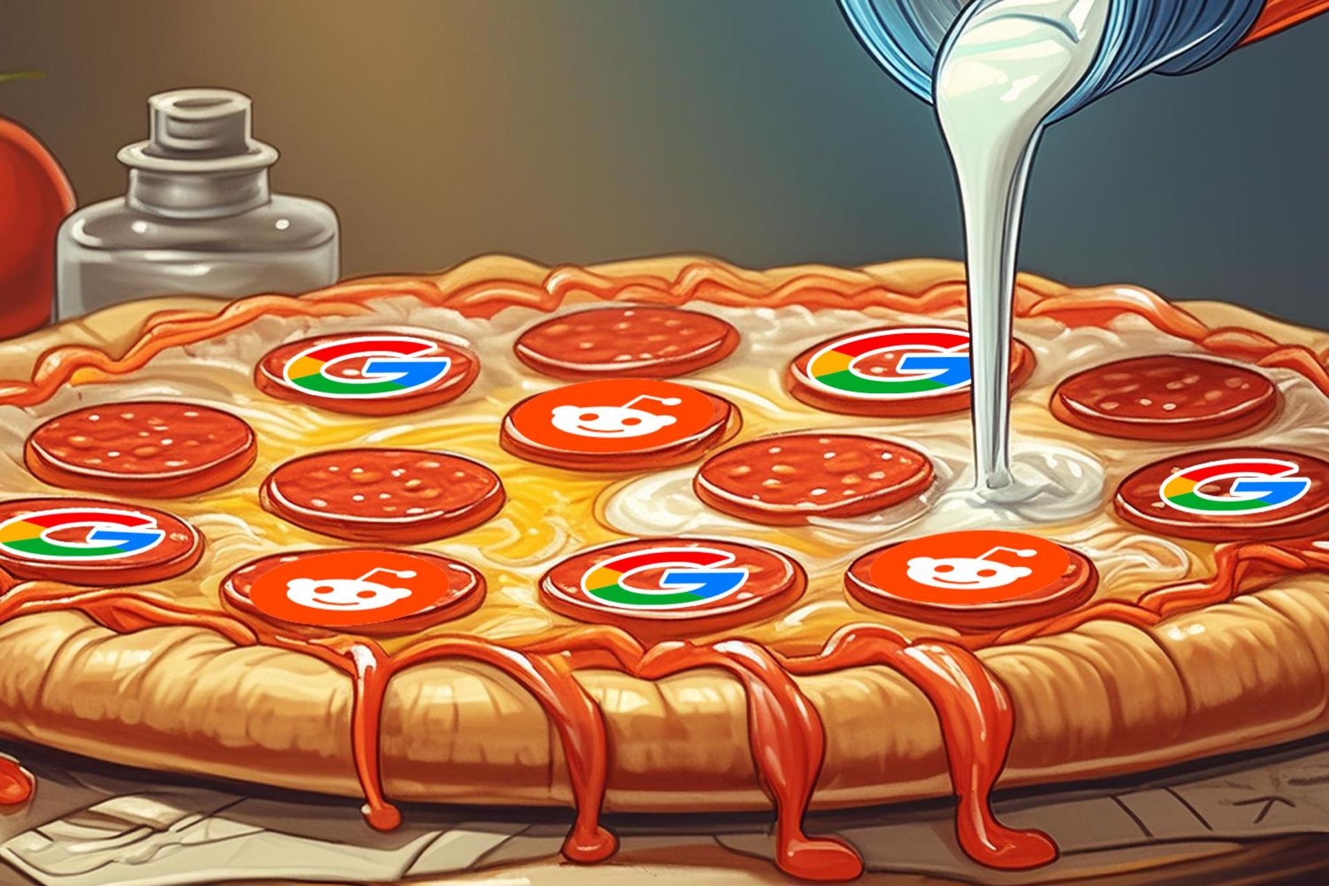 چسب روی پیتزا با لوگو گوگل و ردیت