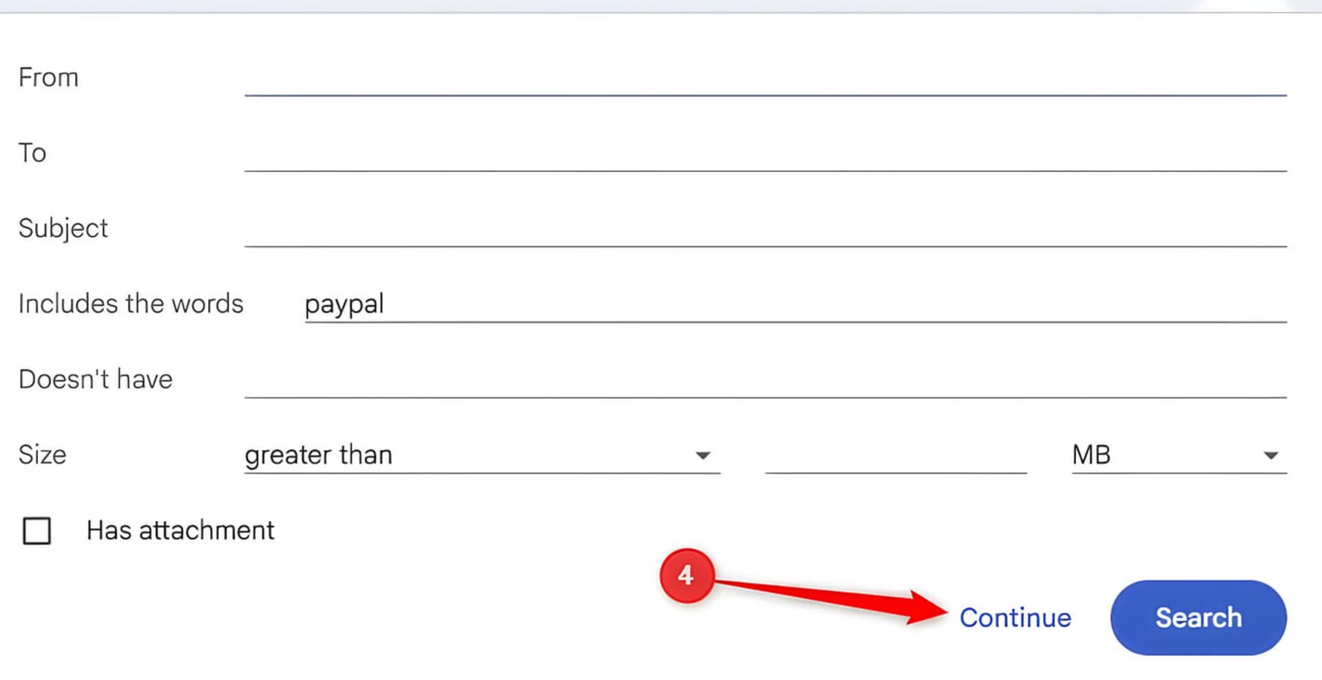 فرم جستجوی پیشرفته جیمیل (Gmail) با عبارت paypal در بخش Includes the words