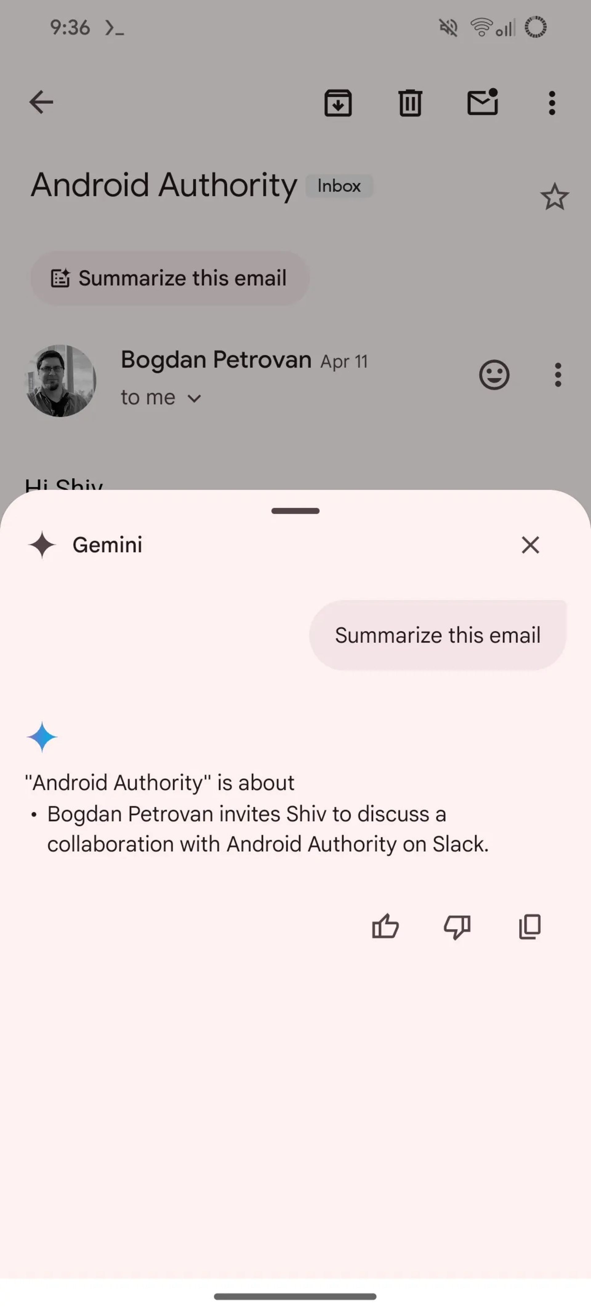 اسکرین‌شات از ویژگی خلاصه‌سازی محتوای ایمیل با هوش مصنوعی در اپلیکیشن اندروید جیمیل