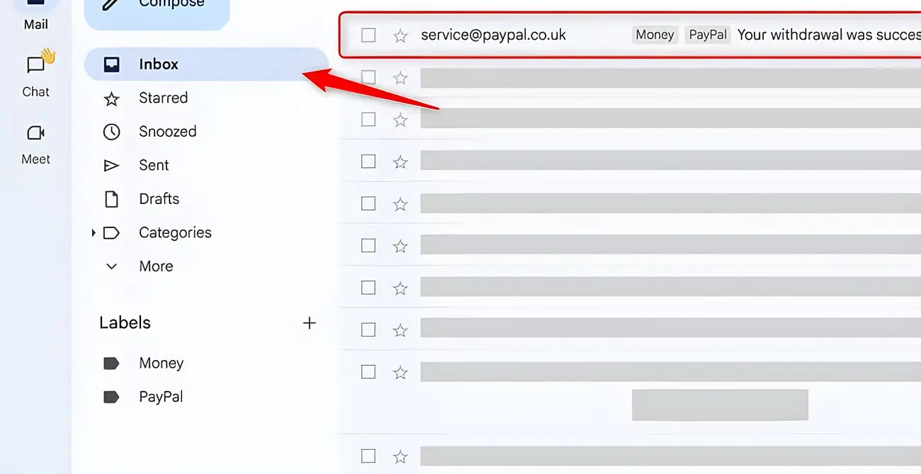 باکس اینباکس (Inbox) جیمیل با برچسب‌های Money و PayPal