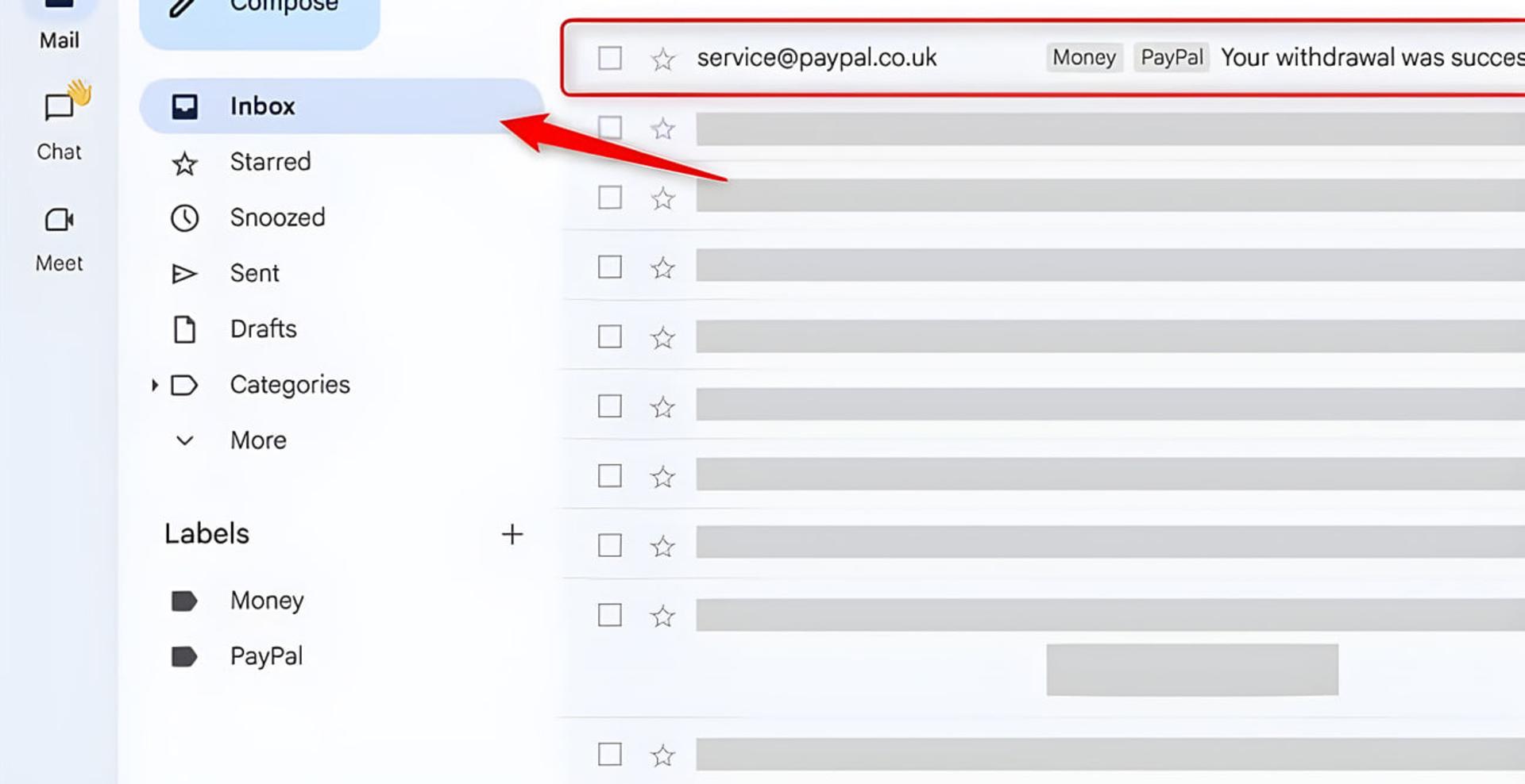 باکس اینباکس (Inbox) جیمیل با برچسب‌های Money و PayPal