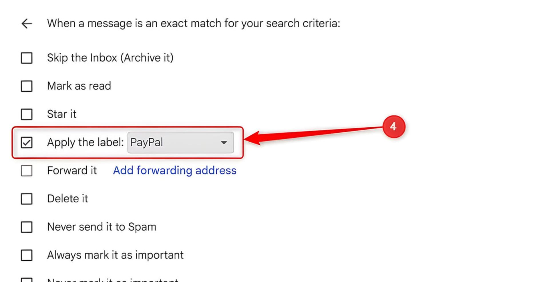 تنظیم گزینه Apply the label برای برچسب PayPal در تنظیمات فیلتر جیمیل