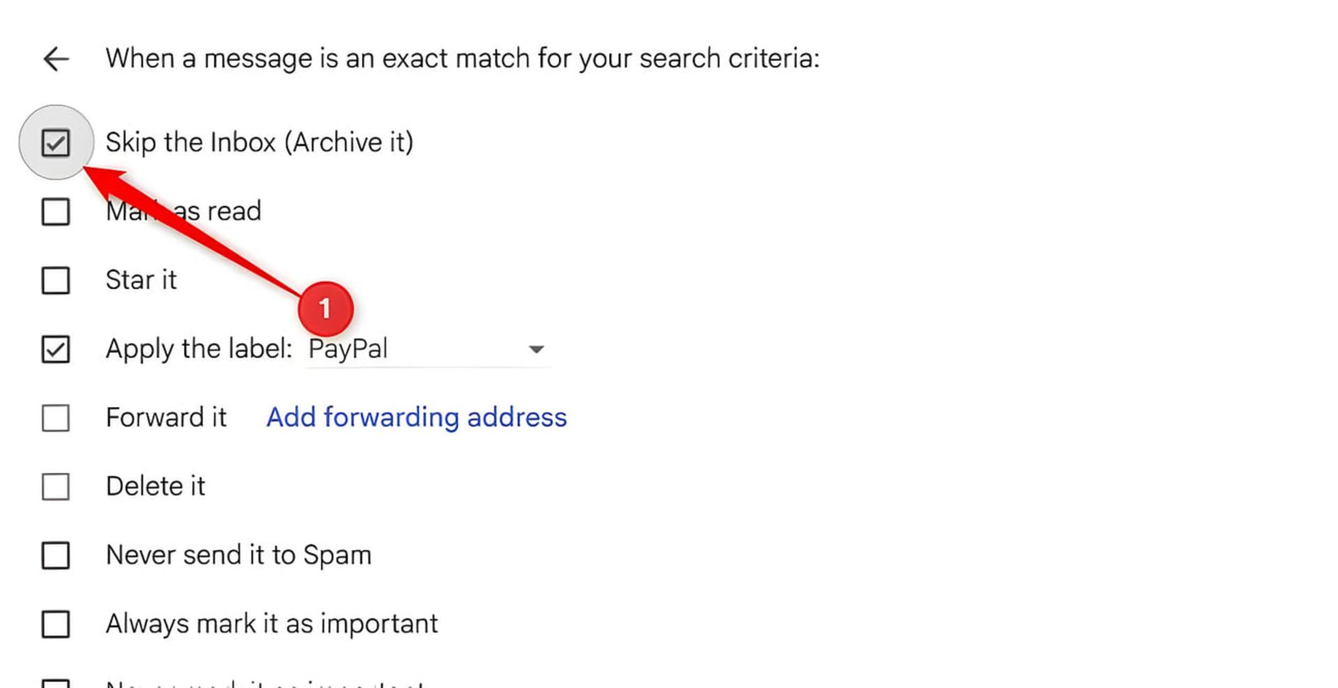 تنظیم گزینه Skip the Inbox و Apply the label در پنل فیلترهای جیمیل