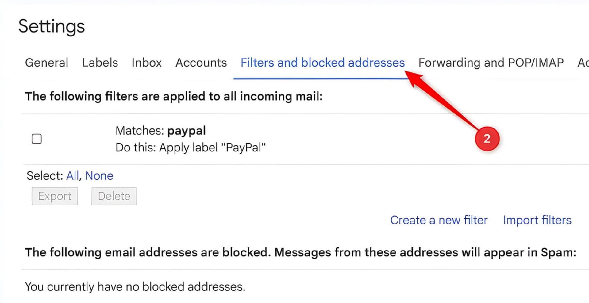 بخش فیلترها و آدرس‌های مسدود شده (Filters and blocked addresses) در تنظیمات جیمیل