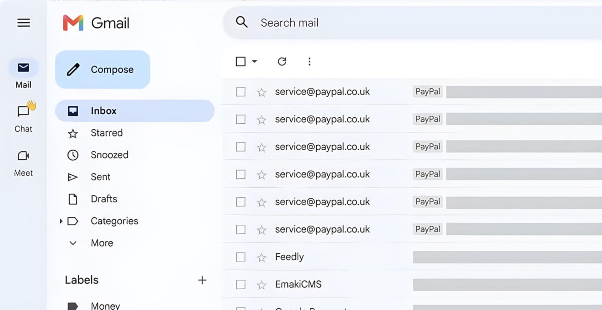 صندوق ورودی جیمیل (Gmail) با فهرست ایمیل‌های دریافتی از PayPal