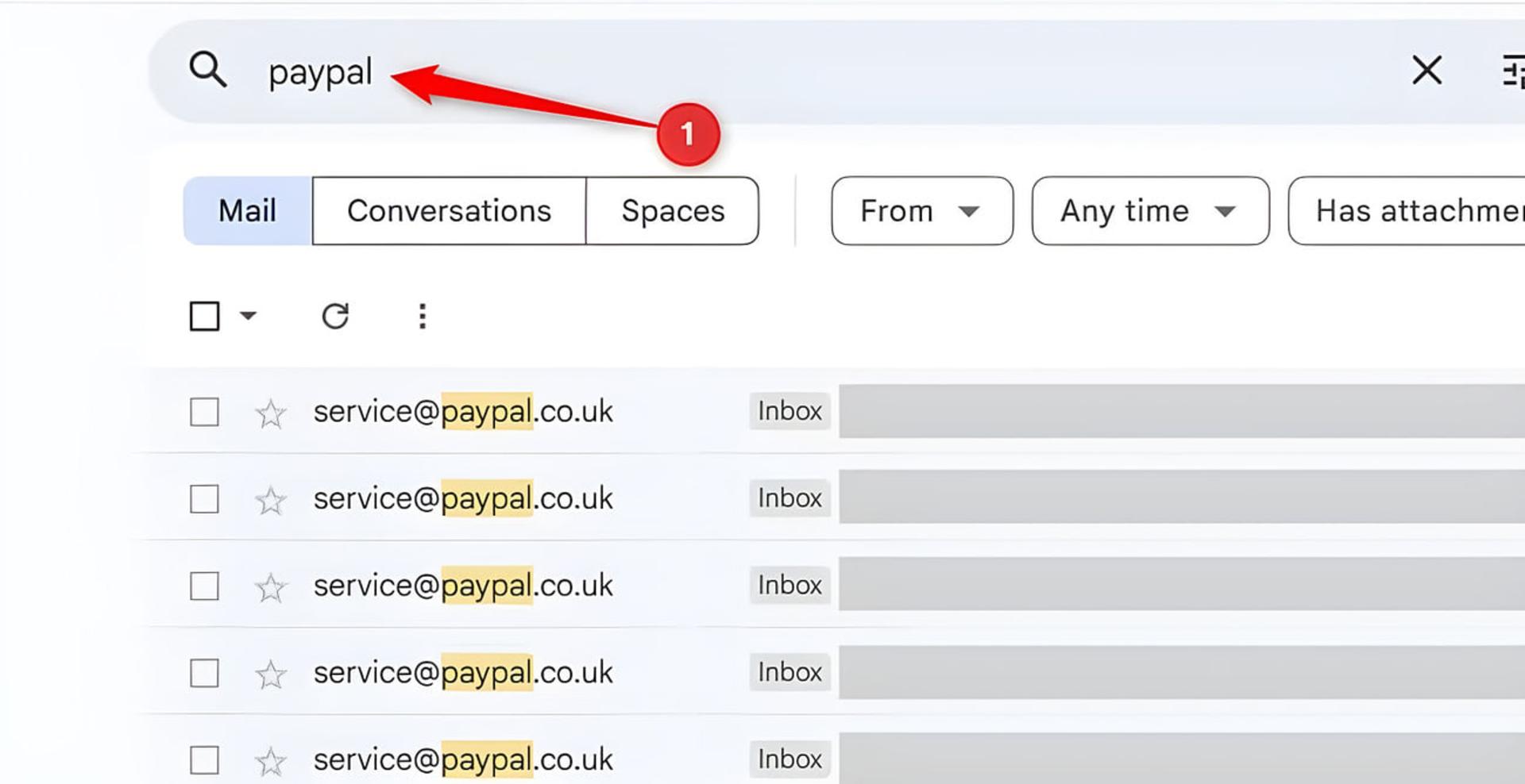 جستجوی عبارت paypal در نوار جستجوی سرویس جیمیل (Gmail)
