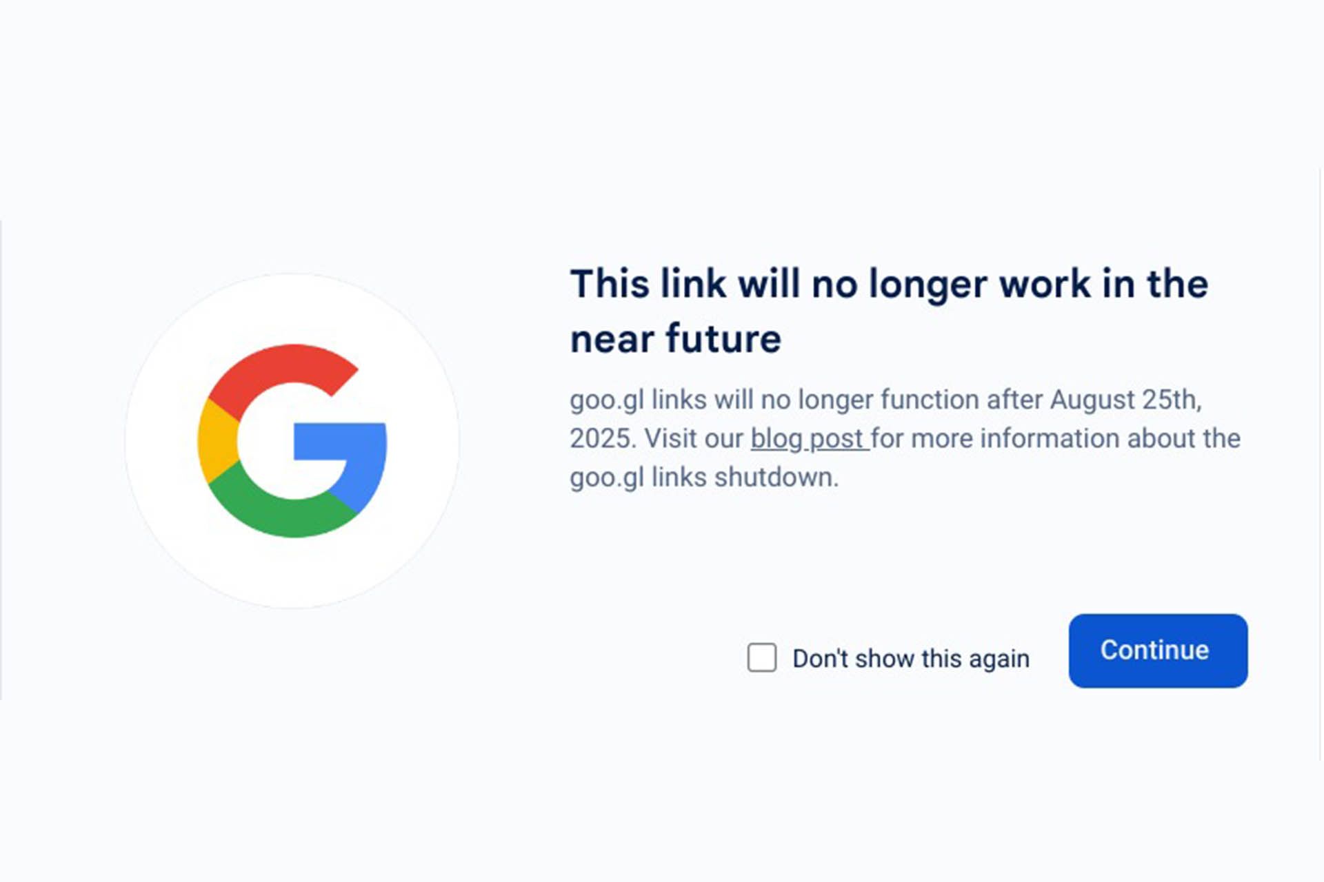 اطلاعیه‌ای که نشان می‌دهد لینک‌های کوتاه شده‌ی گوگل از تاریخ ۲۵ اگوست ۲۰۲۵ از کار می‌افتند