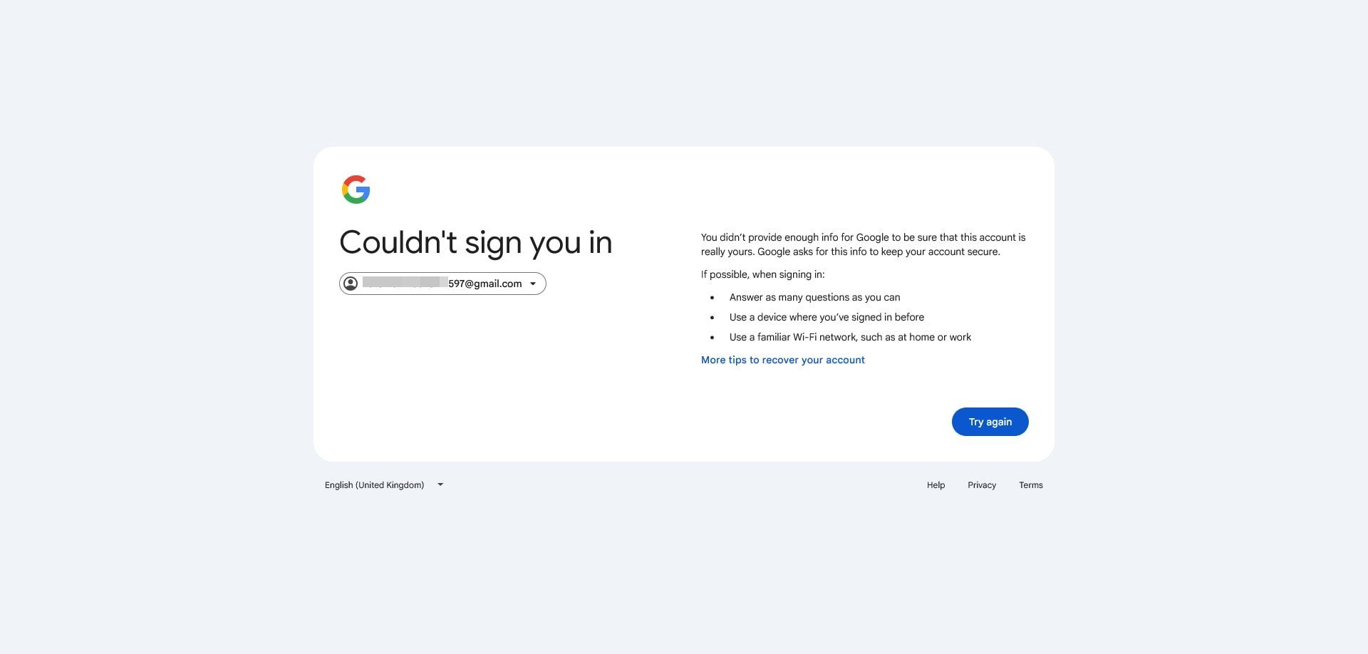 مراحل بازیابی اکانت گوگل - عدم موفقیت عملیات بازیابی