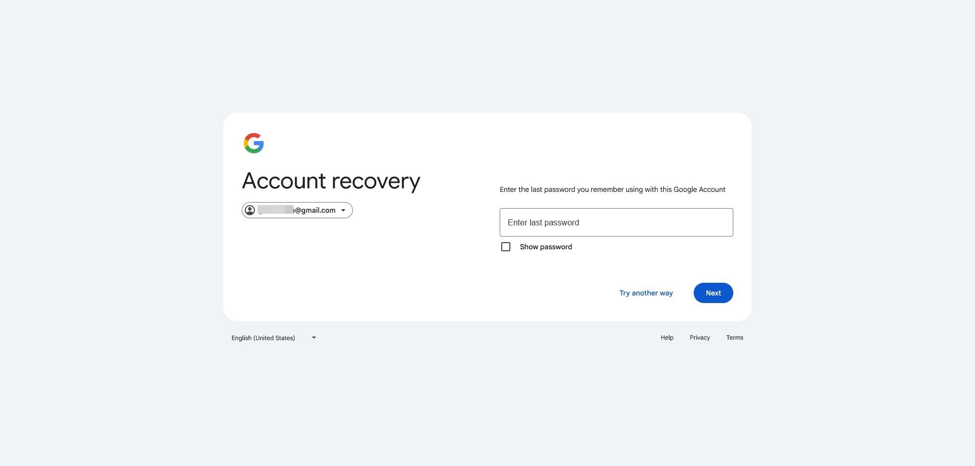 بازیابی اکانت گوگل - مرحله دوم - وارد کردن آخرین پسورد 