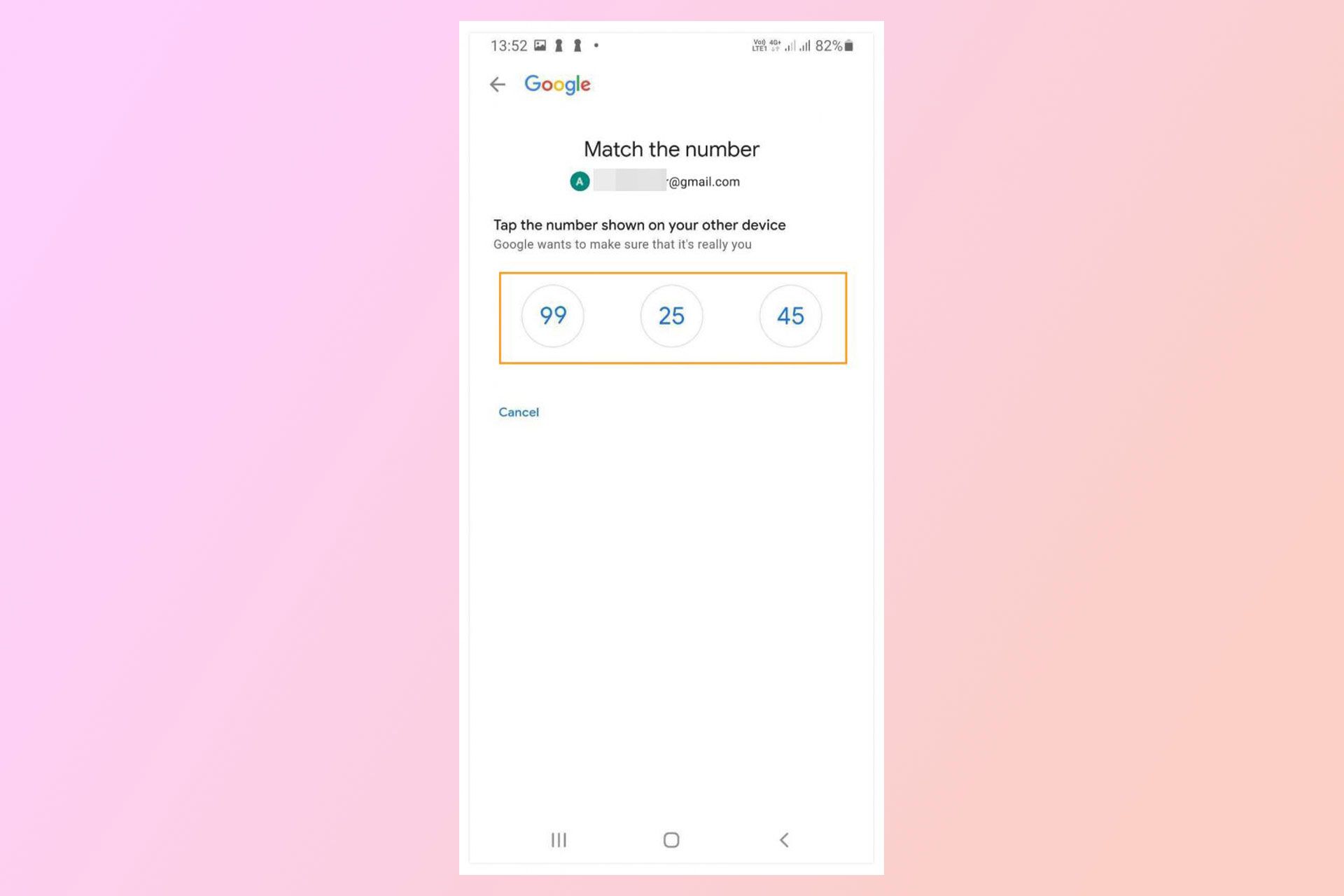 بازیابی اکانت گوگل - انتخاب یکی از سه عدد نمایش داده شده در اعلان ارسال شده به گوشی