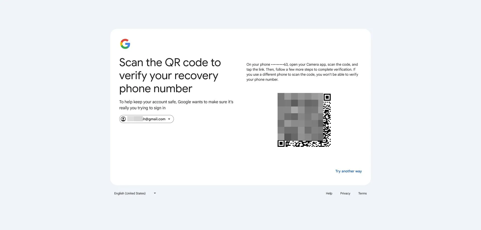 نمایش کیوآرکد به کاربر به عنوان مرحله‌ای از بازیابی اکانت گوگل