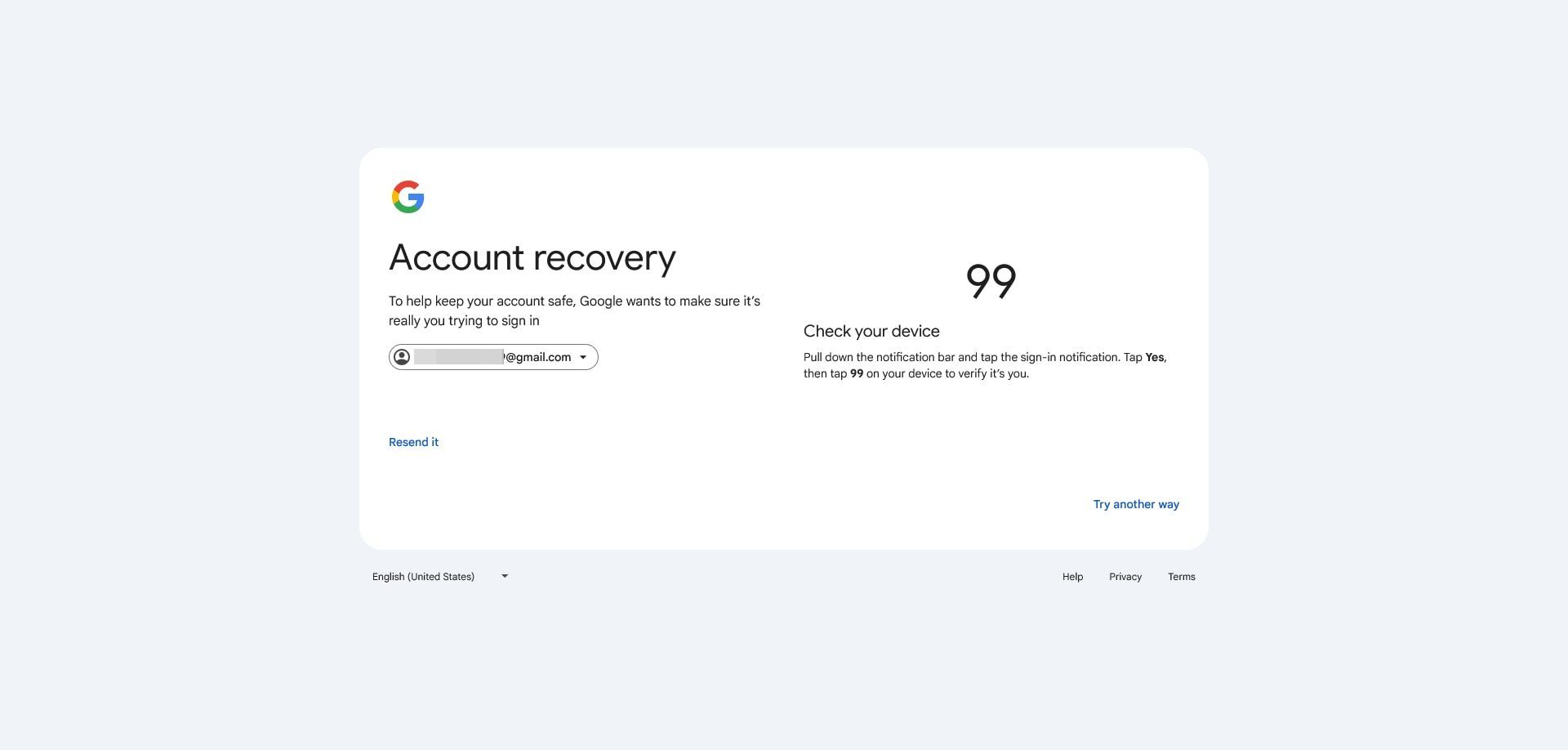 نمایش عدد برای مچ کردن آن با عدد ارسال شده به گوشی برای ریکاوری اکانت گوگل
