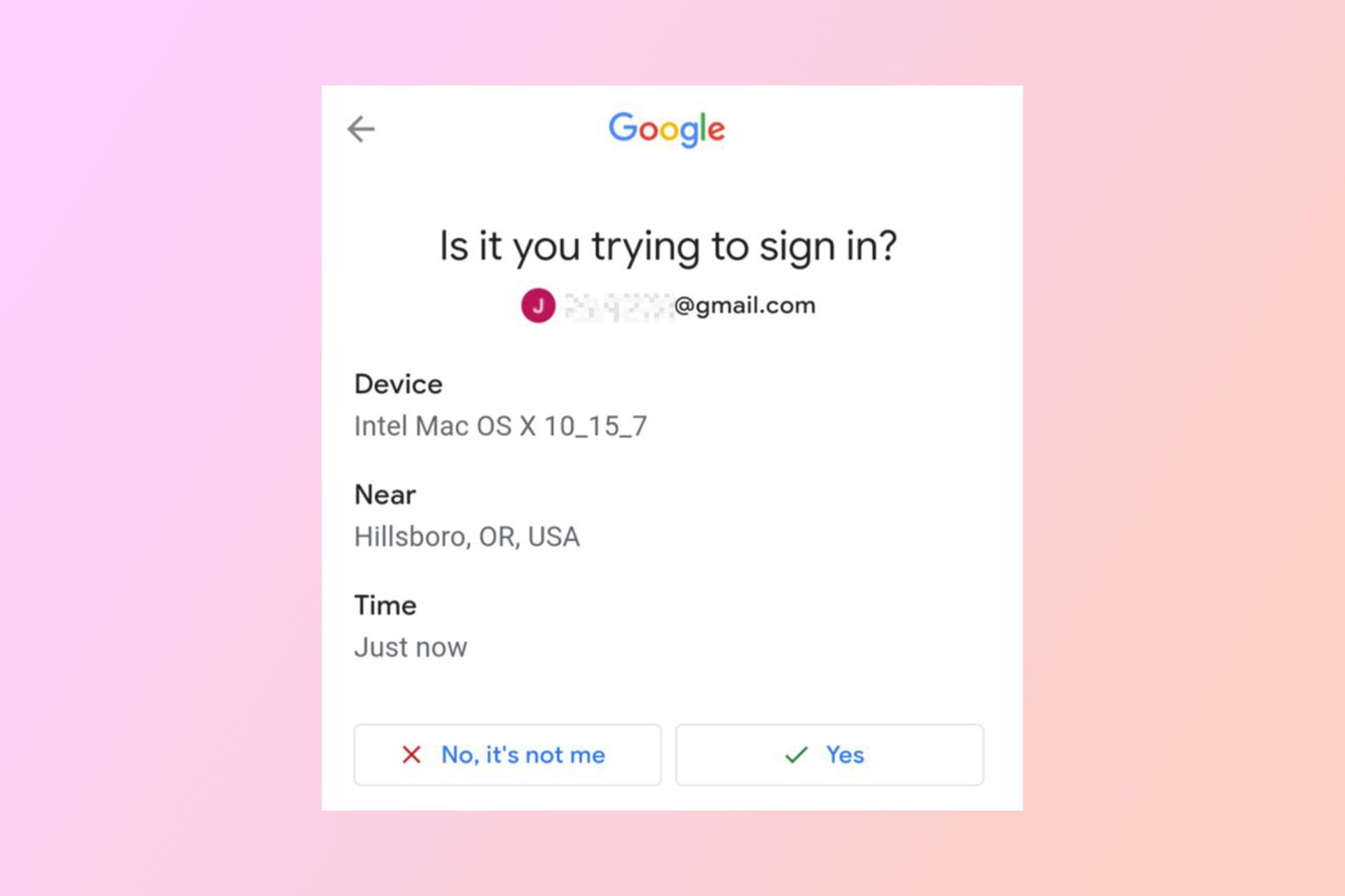 پاپ‌آپ به نمایش در آمده در دستگاه اندرویدی برای تأیید ورود به حساب گوگل در دستگاه دیگر