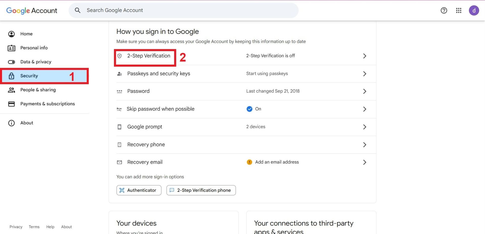 حساب گوگل و بخش security