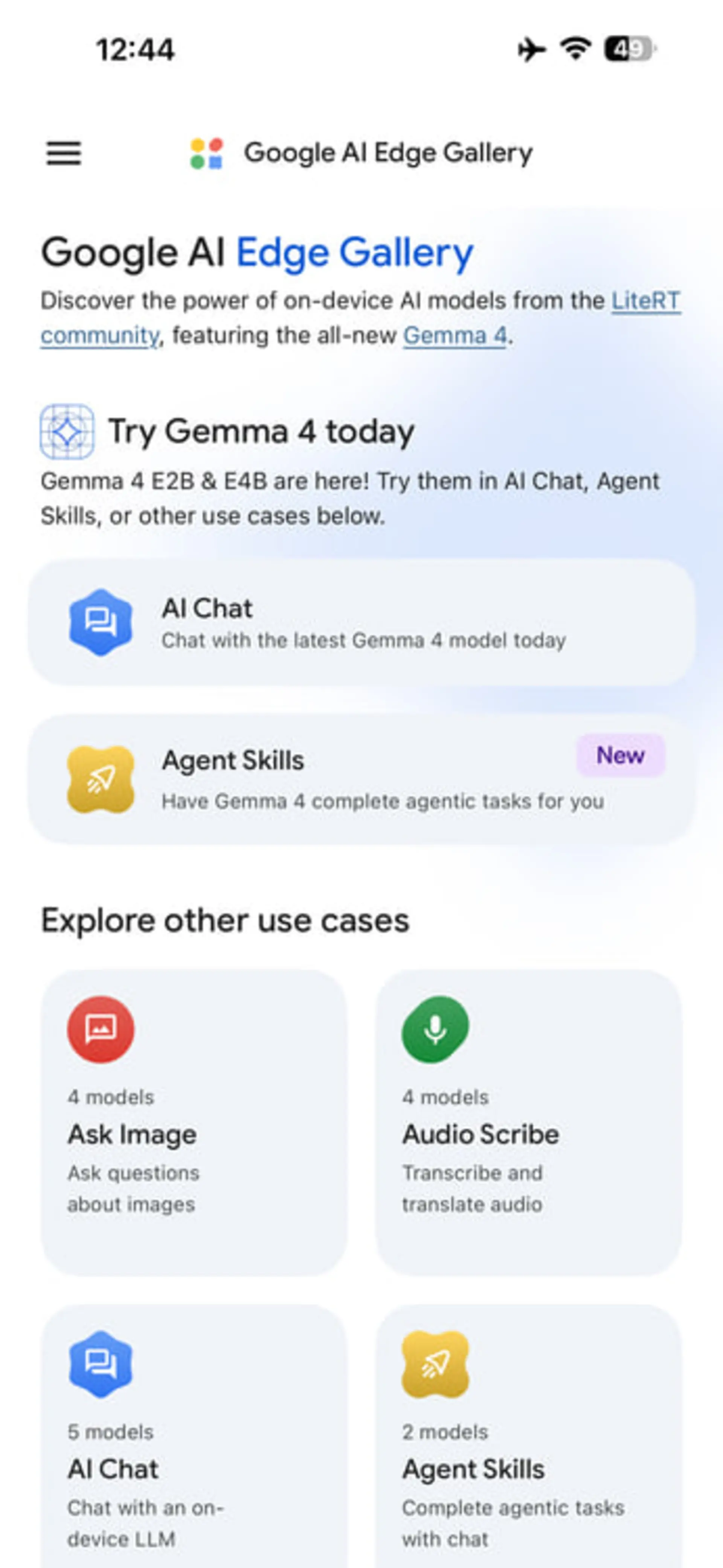 رابط کاربری وبسایت Google AI Edge Gallery و گزینههای استفاده از مدل Gemma 4