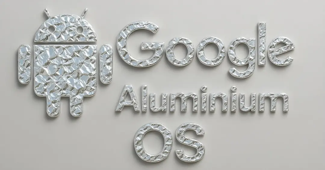 لوگوی اندروید (Android) و متن Google Aluminium OS با بافت فلزی نقره‌ای