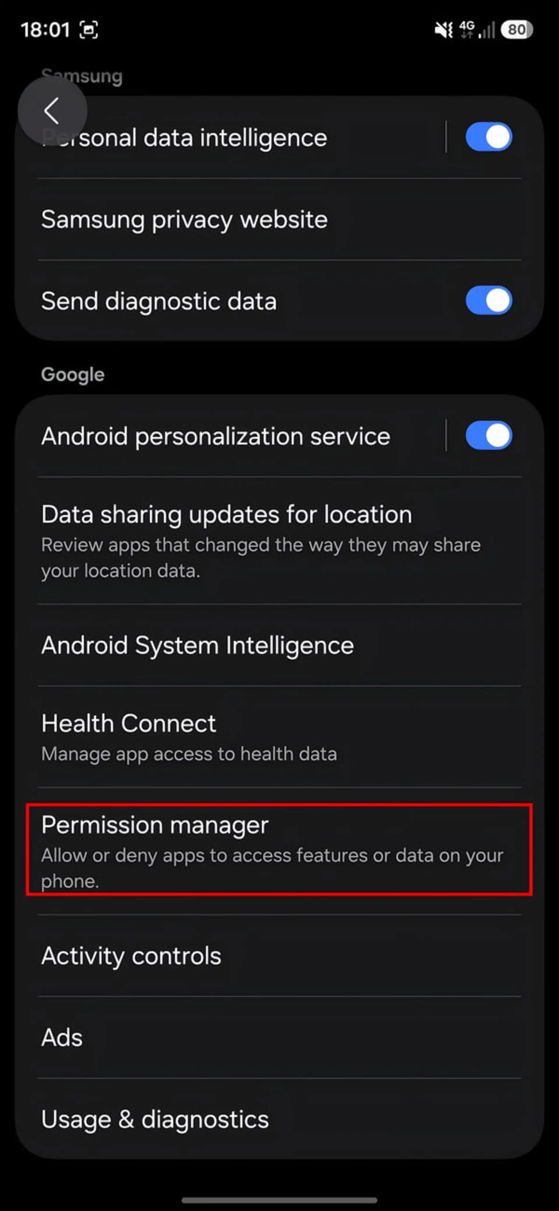 منوی مدیریت مجوزها (Permission manager) در تنظیمات حریم خصوصی گوگل در گوشی اندروید
