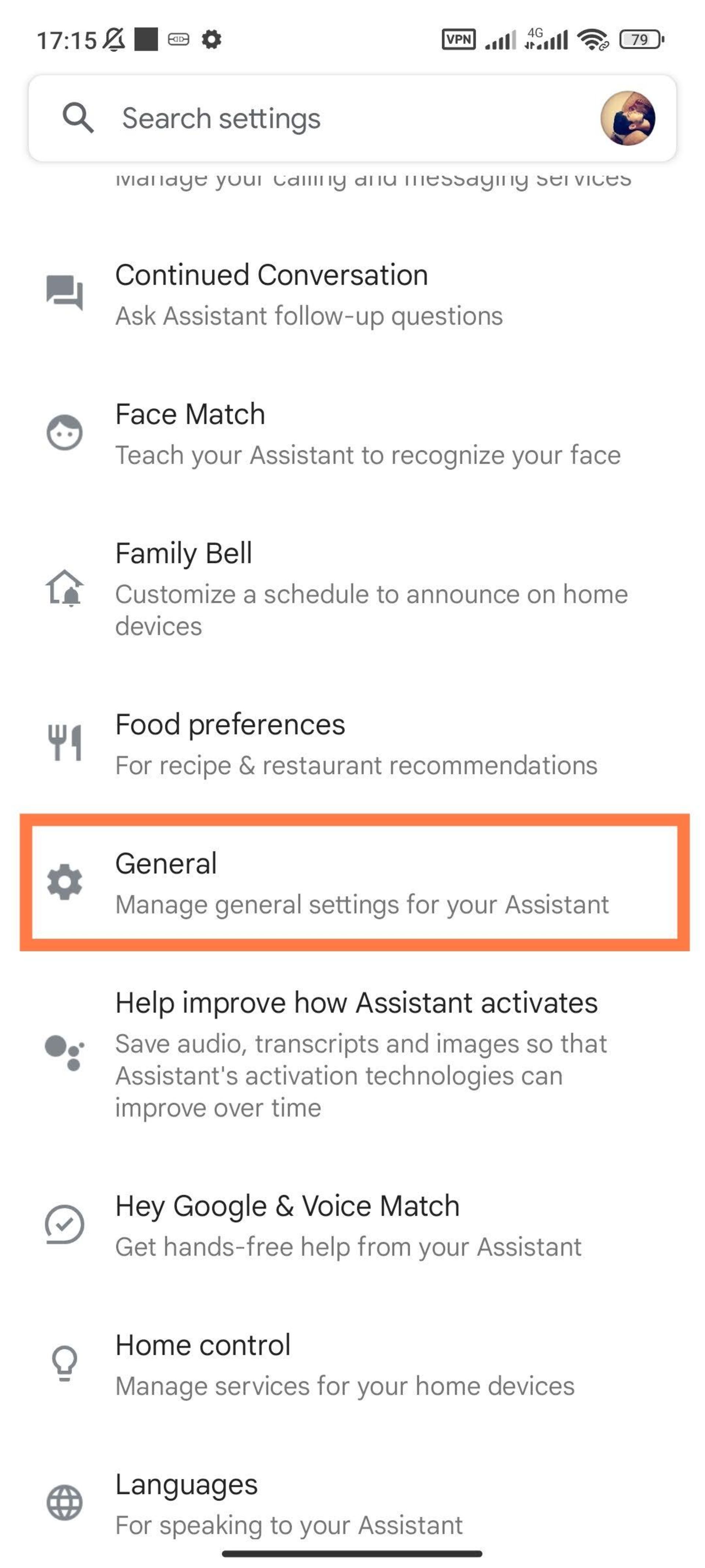 General option of Google Assistant settings