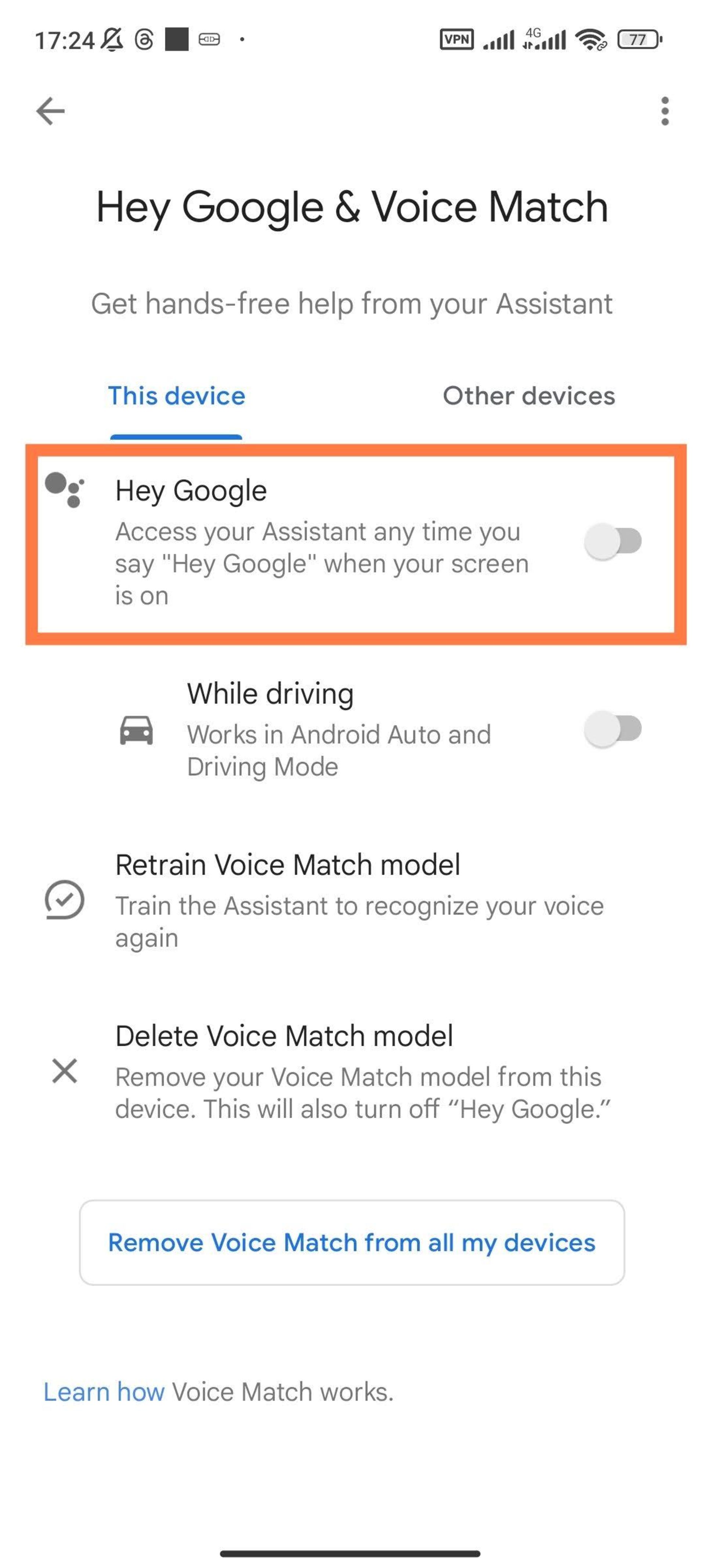 Hey Google option in the Google application