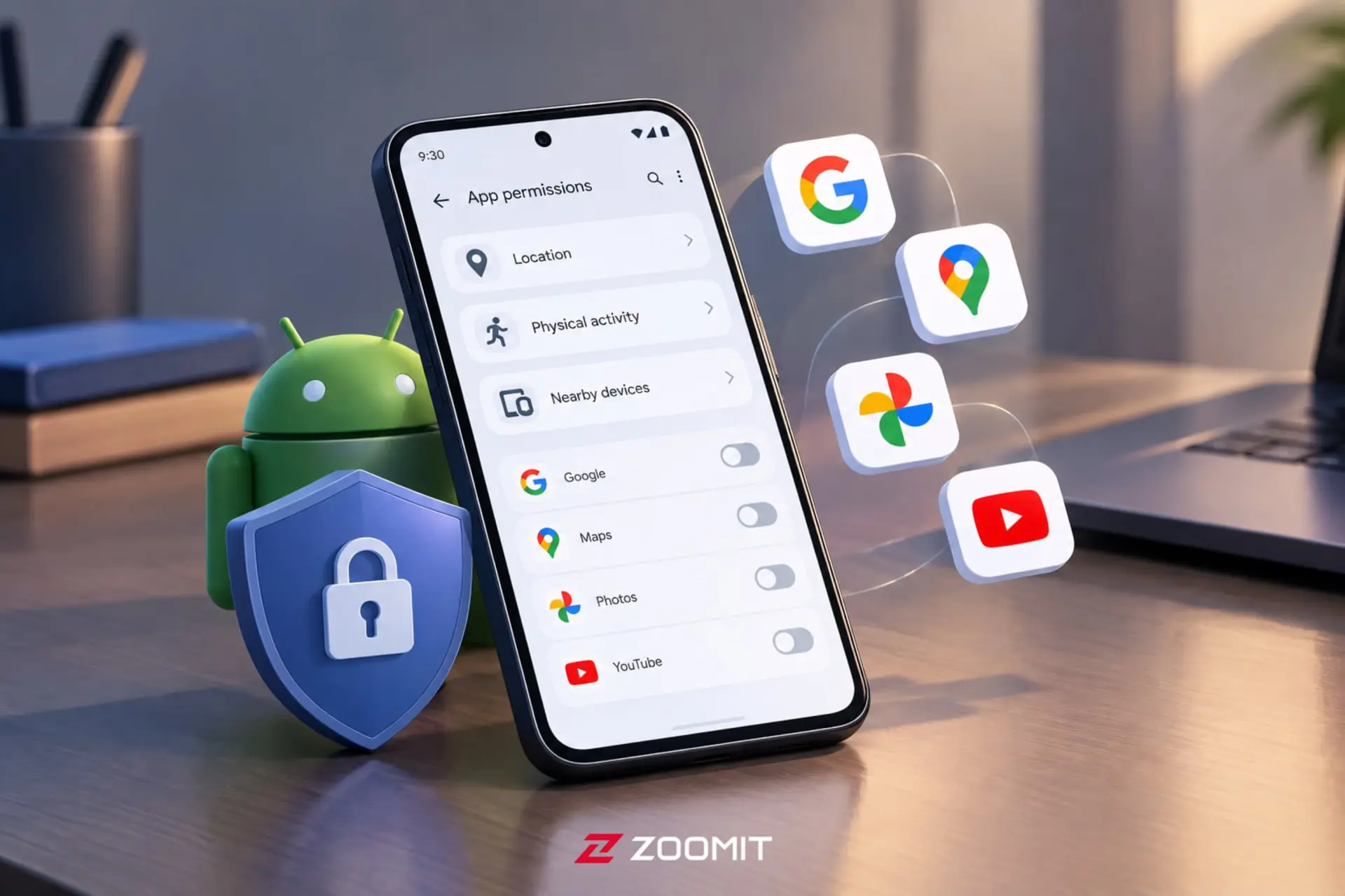 تنظیمات مجوزهای دسترسی (App permissions) در گوشی اندرویدی برای برنامه‌های گوگل