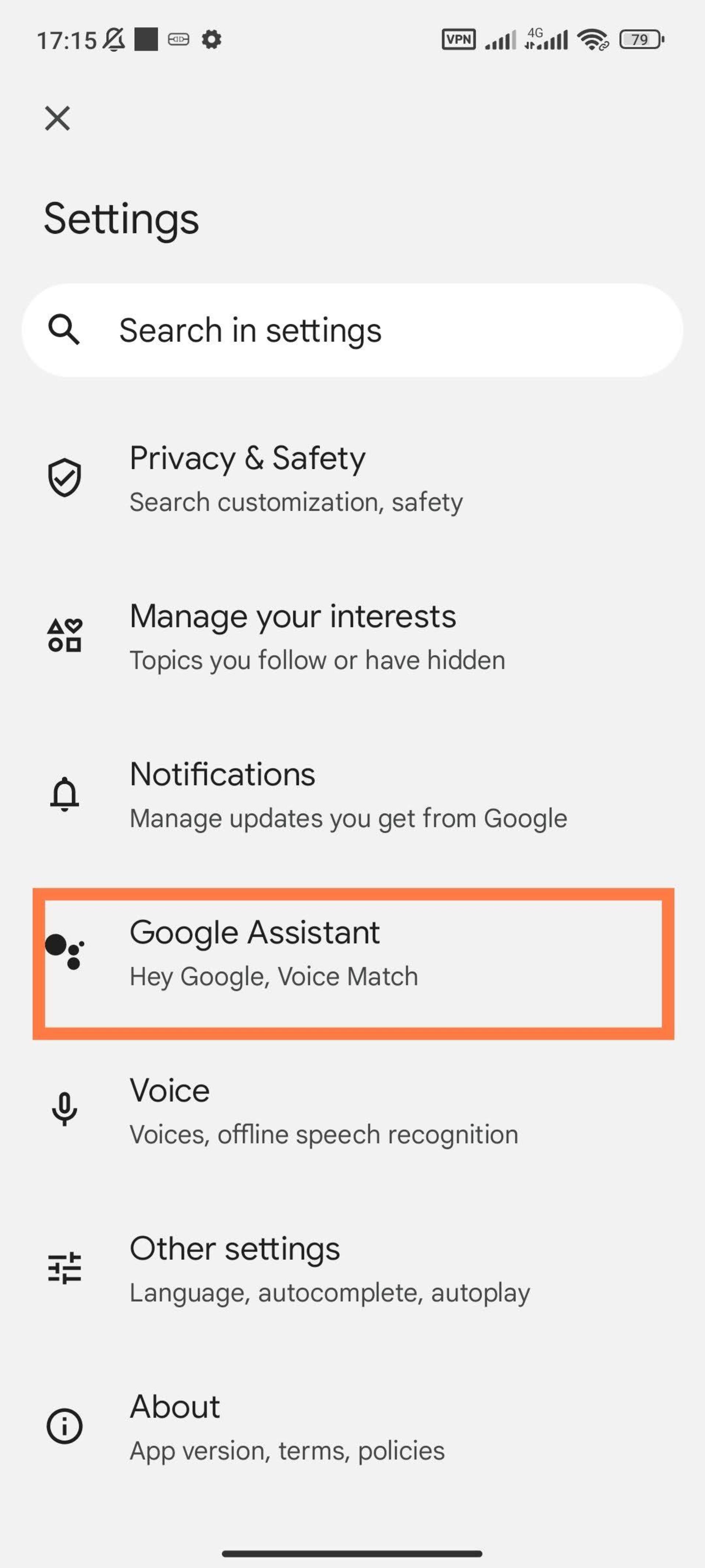 Google Assistant option in the Google application