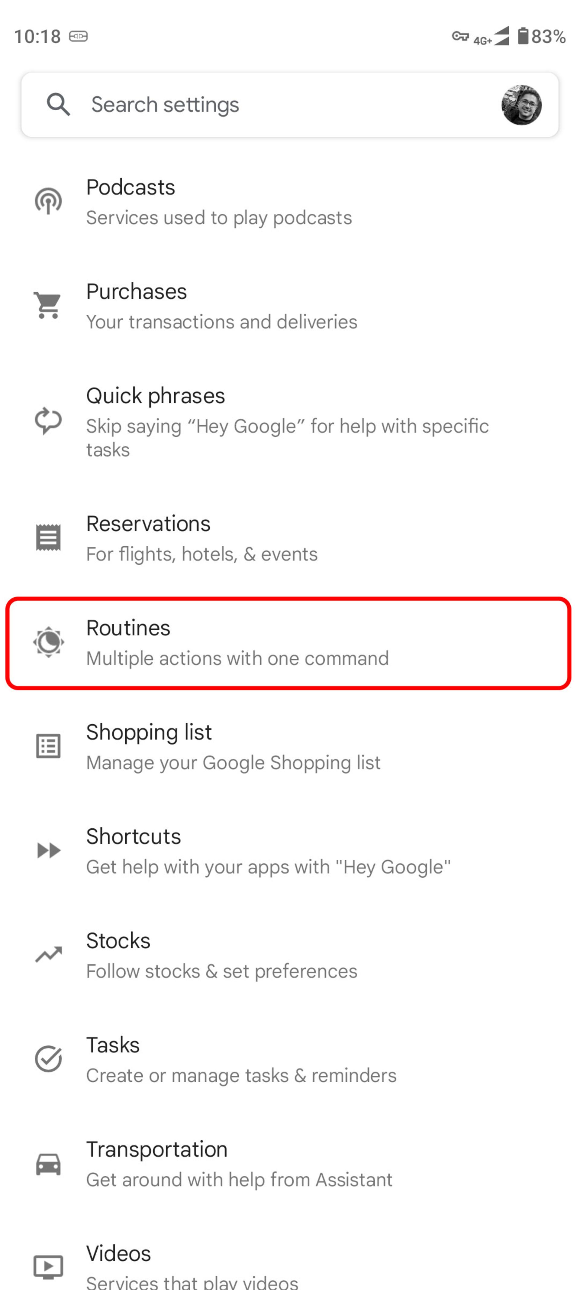 منوی دستیار گوگل (google assistant)
