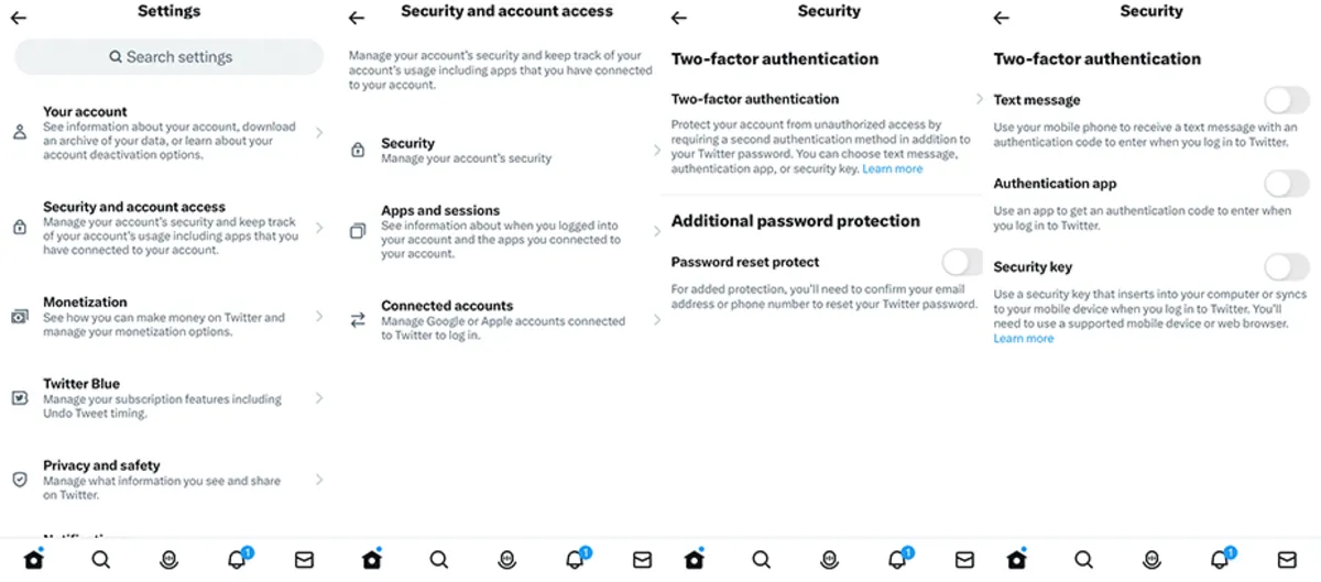 Twitter settings to enable two-factor authentication