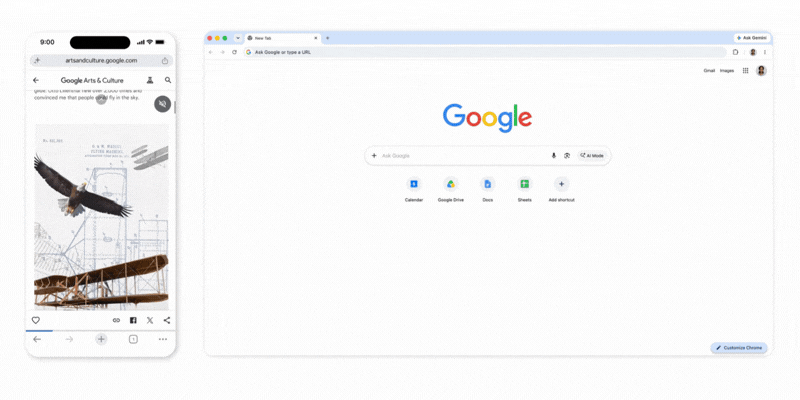 صفحه اصلی گوگل (Google) در مرورگر کروم و نمایش محتوای گوگل آرتز (Google Arts & Culture) در موبایل