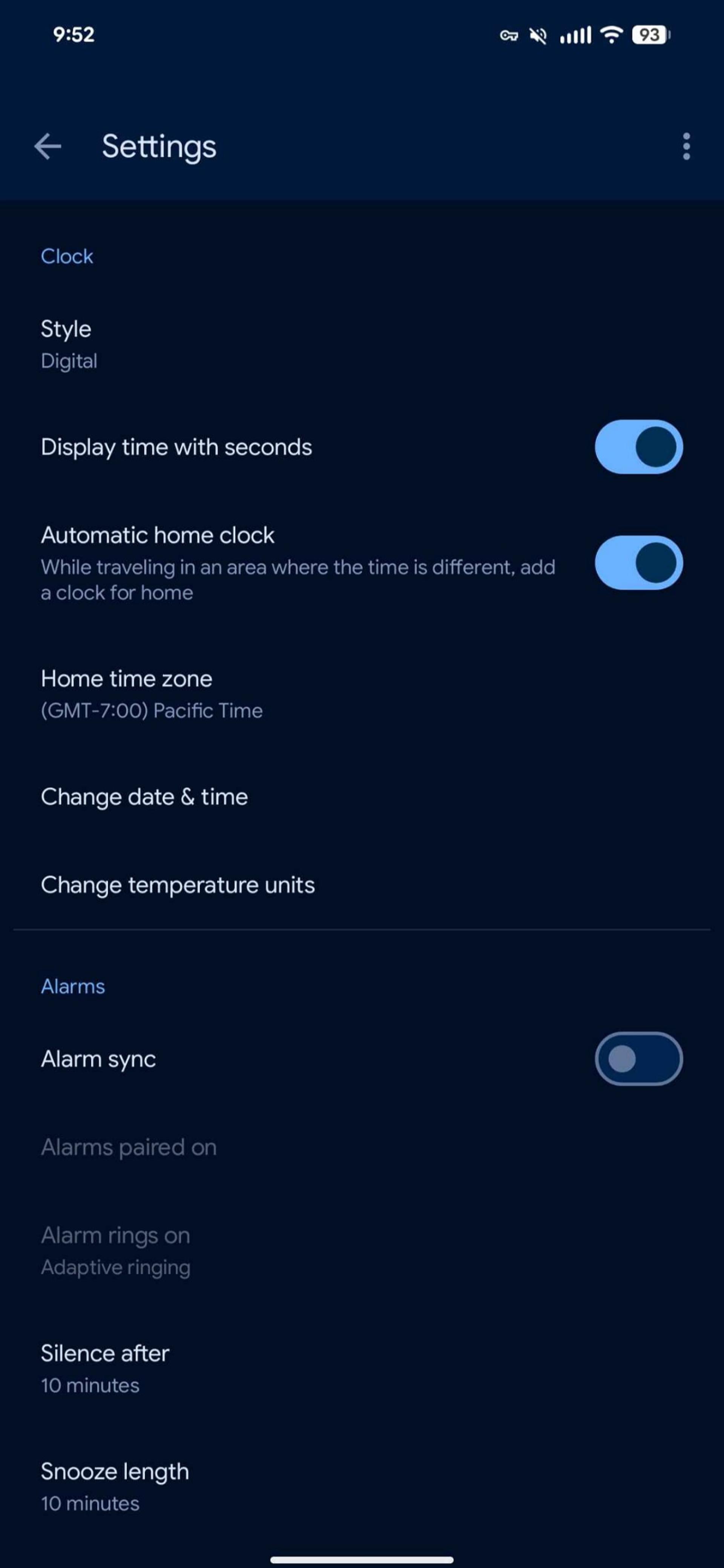 تنظیمات اپلیکیشن Google Clock