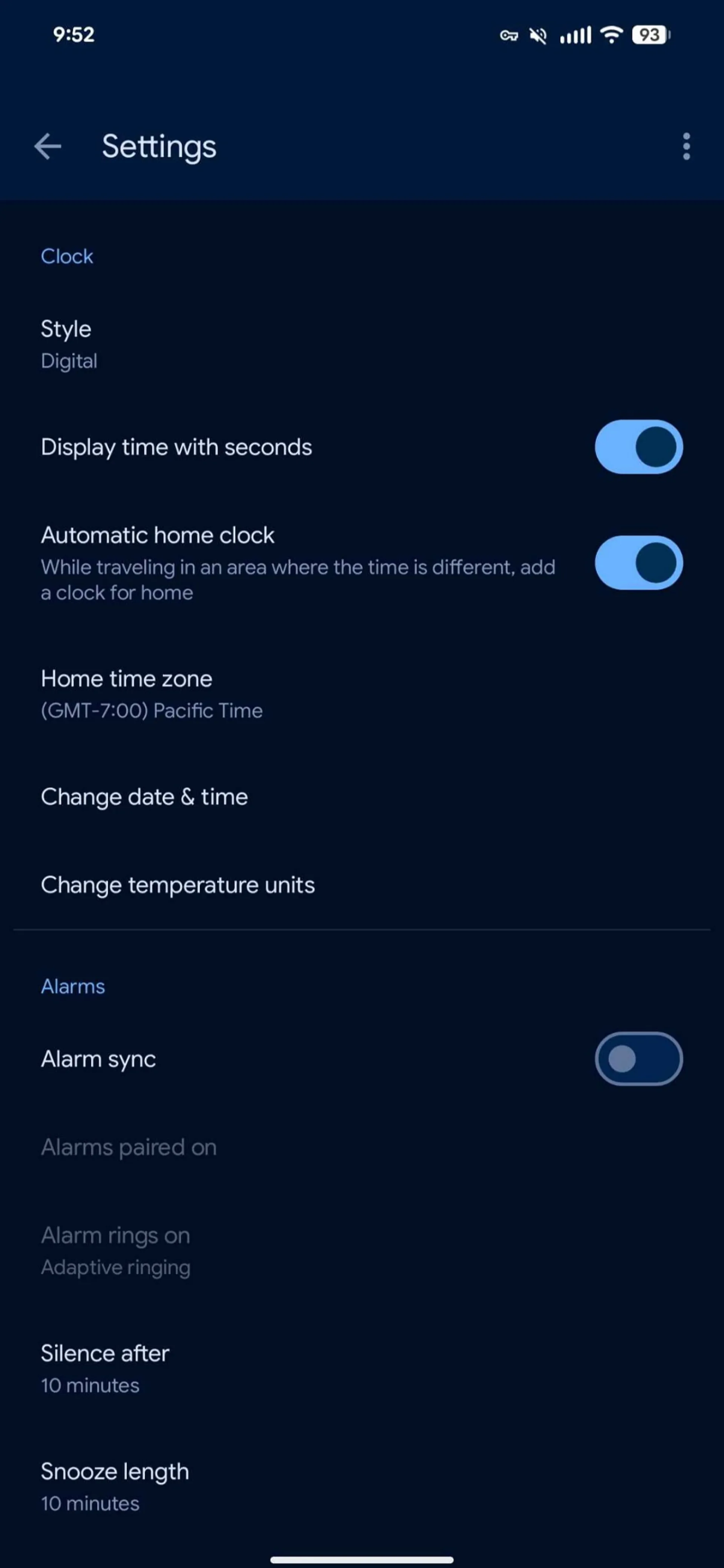 تنظیمات اپلیکیشن Google Clock