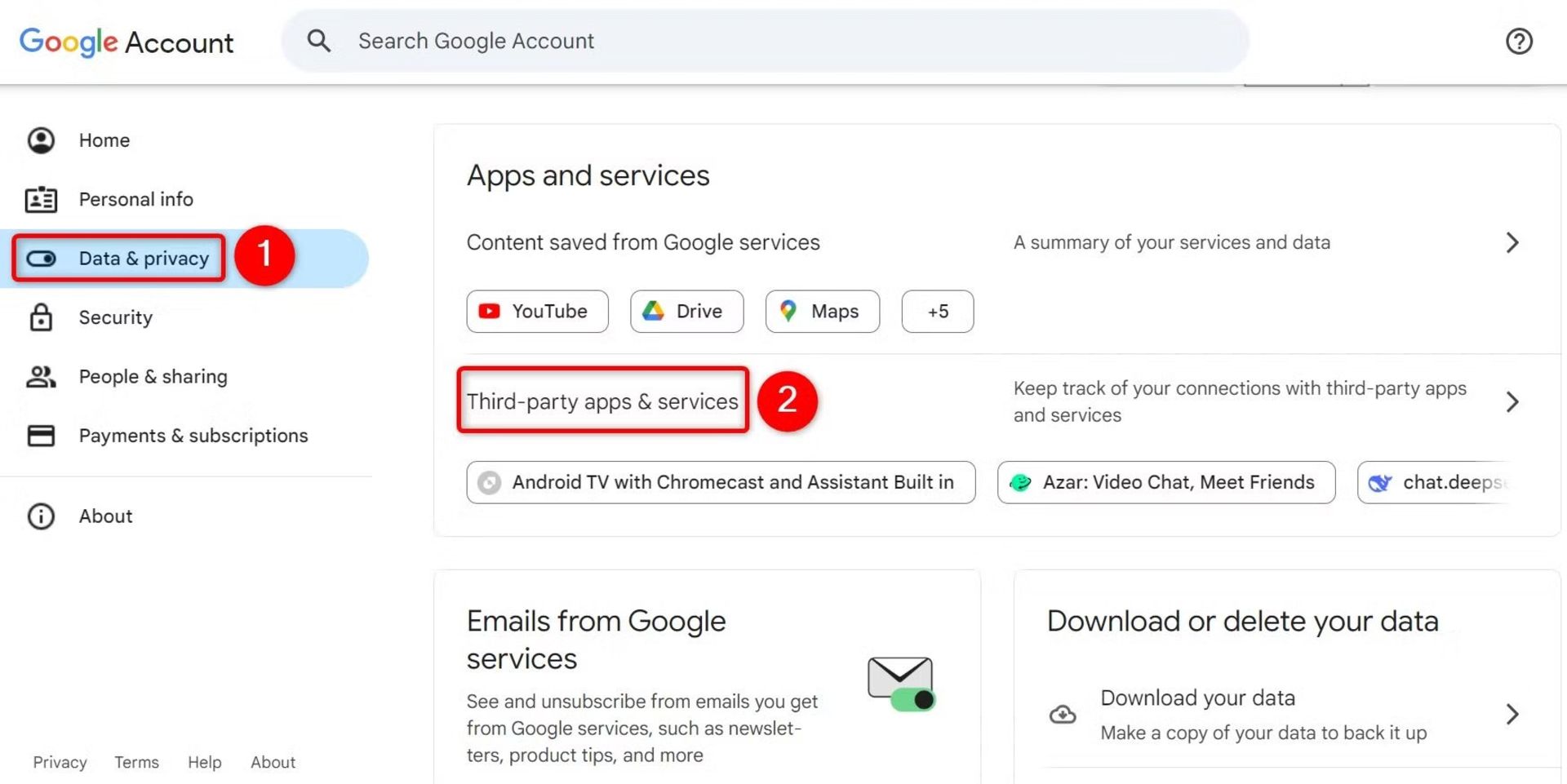 تنظیمات حریم خصوصی دسترسی اپلیکیشن ها به داده های گوگل