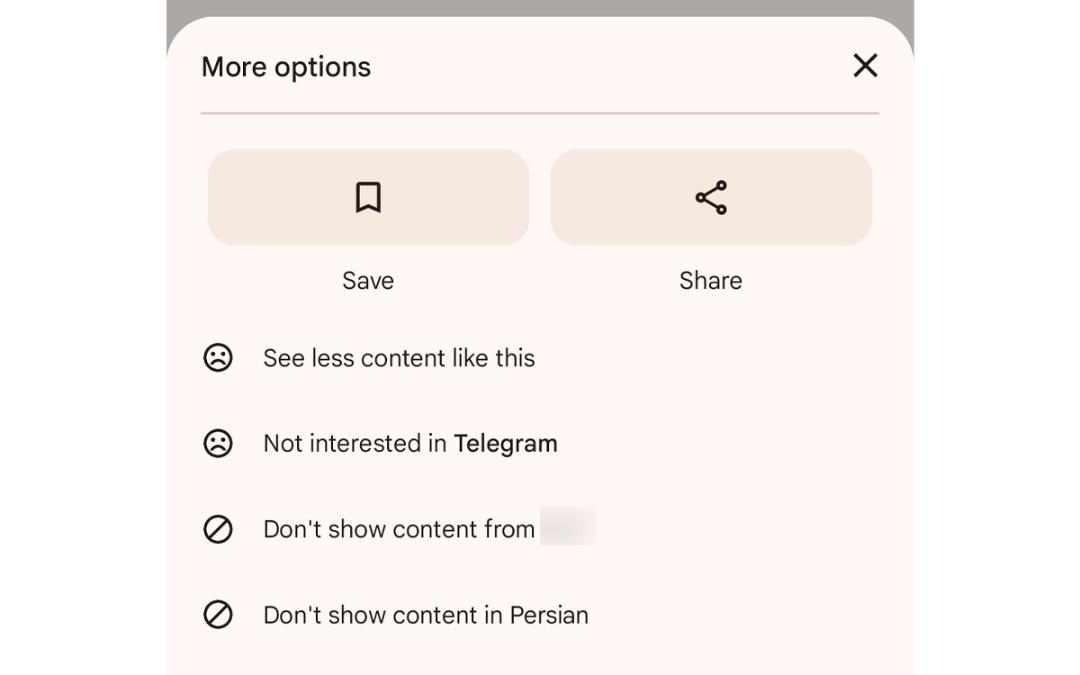 مدیریت محتوای دیسکاور انتخاب گزینه‌ی با ...Don’t show content from یا ...Not interested in 