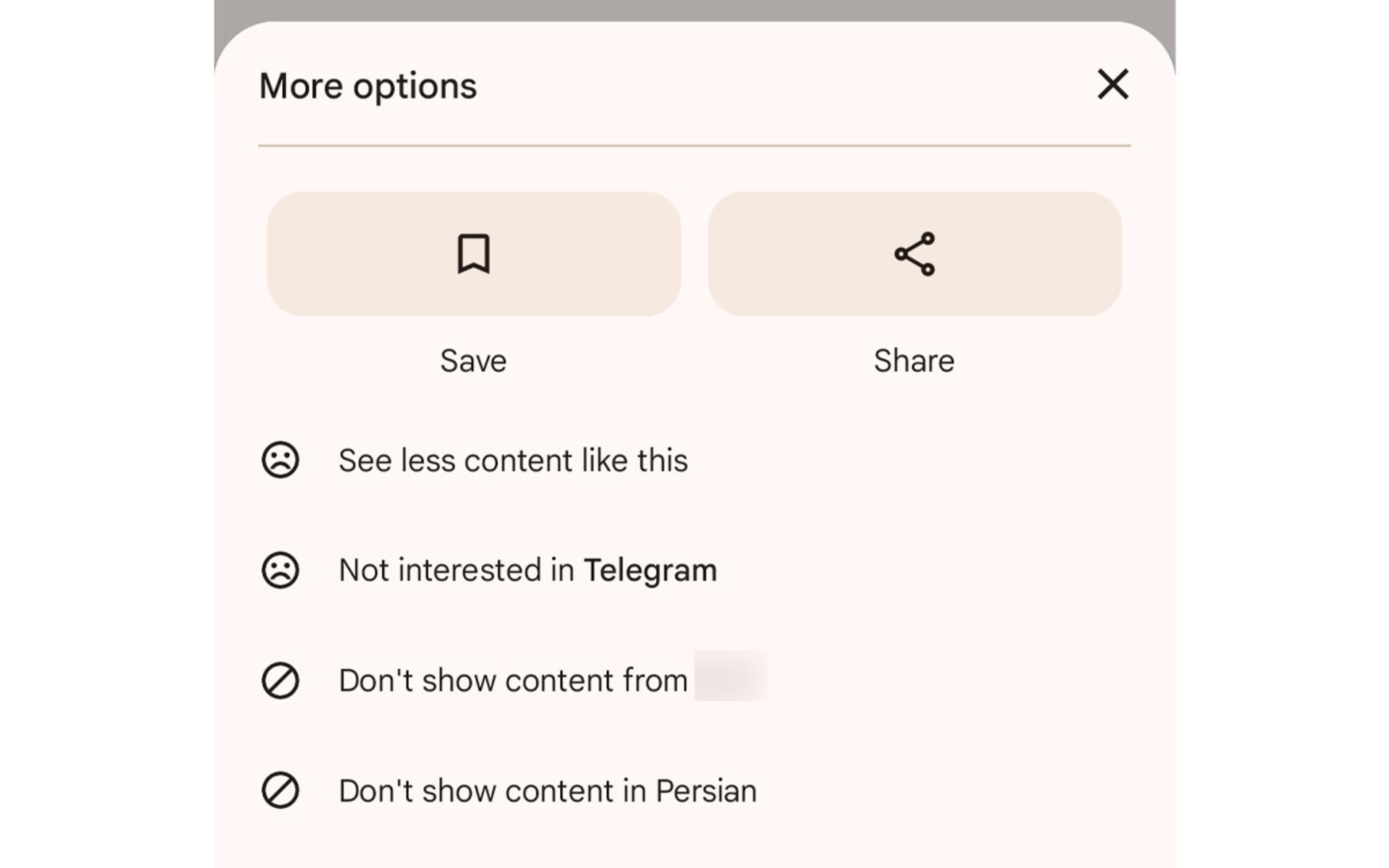مدیریت محتوای دیسکاور انتخاب گزینه‌ی با ...Don’t show content from یا ...Not interested in 
