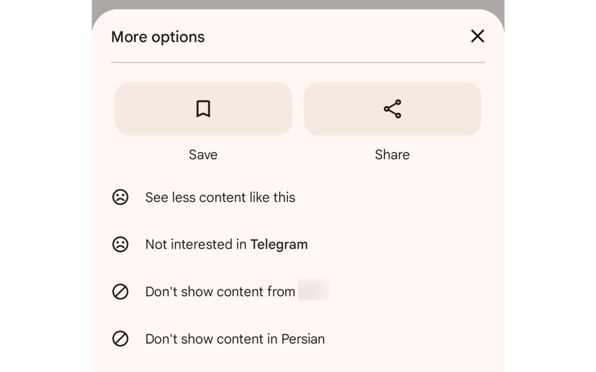 مدیریت محتوای دیسکاور انتخاب گزینه‌ی با ...Don’t show content from یا ...Not interested in 