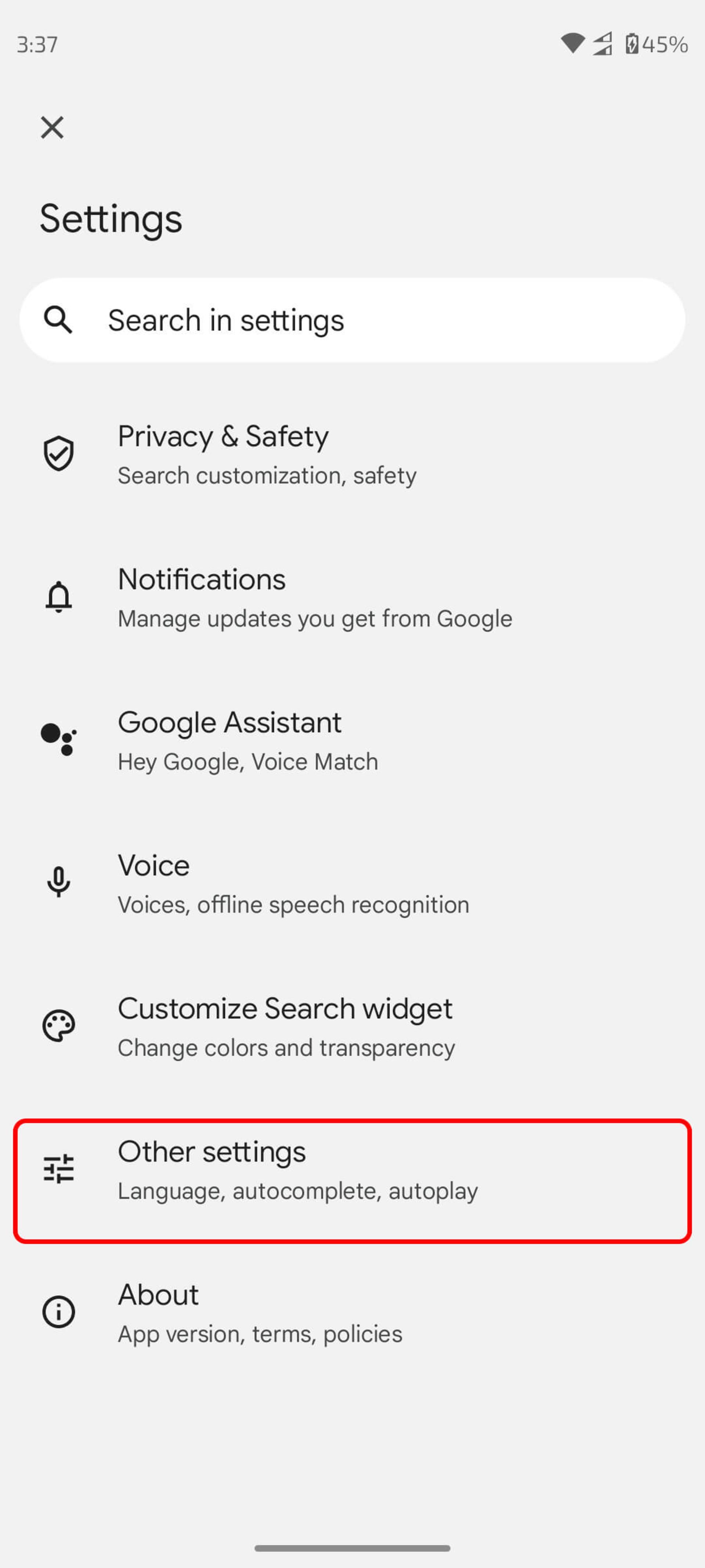 انتخاب گزینه other settings در گوگل اکانت