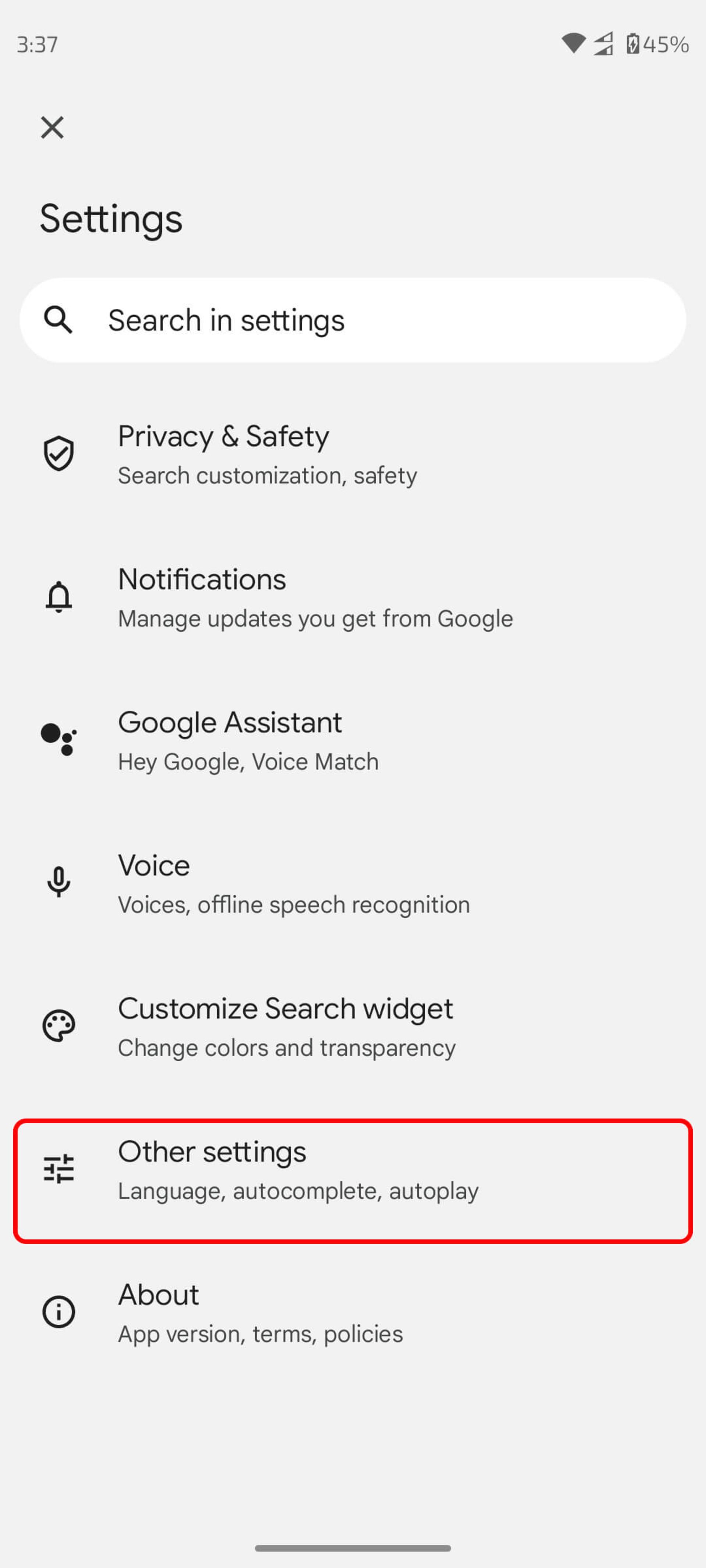 انتخاب گزینه other settings در گوگل اکانت