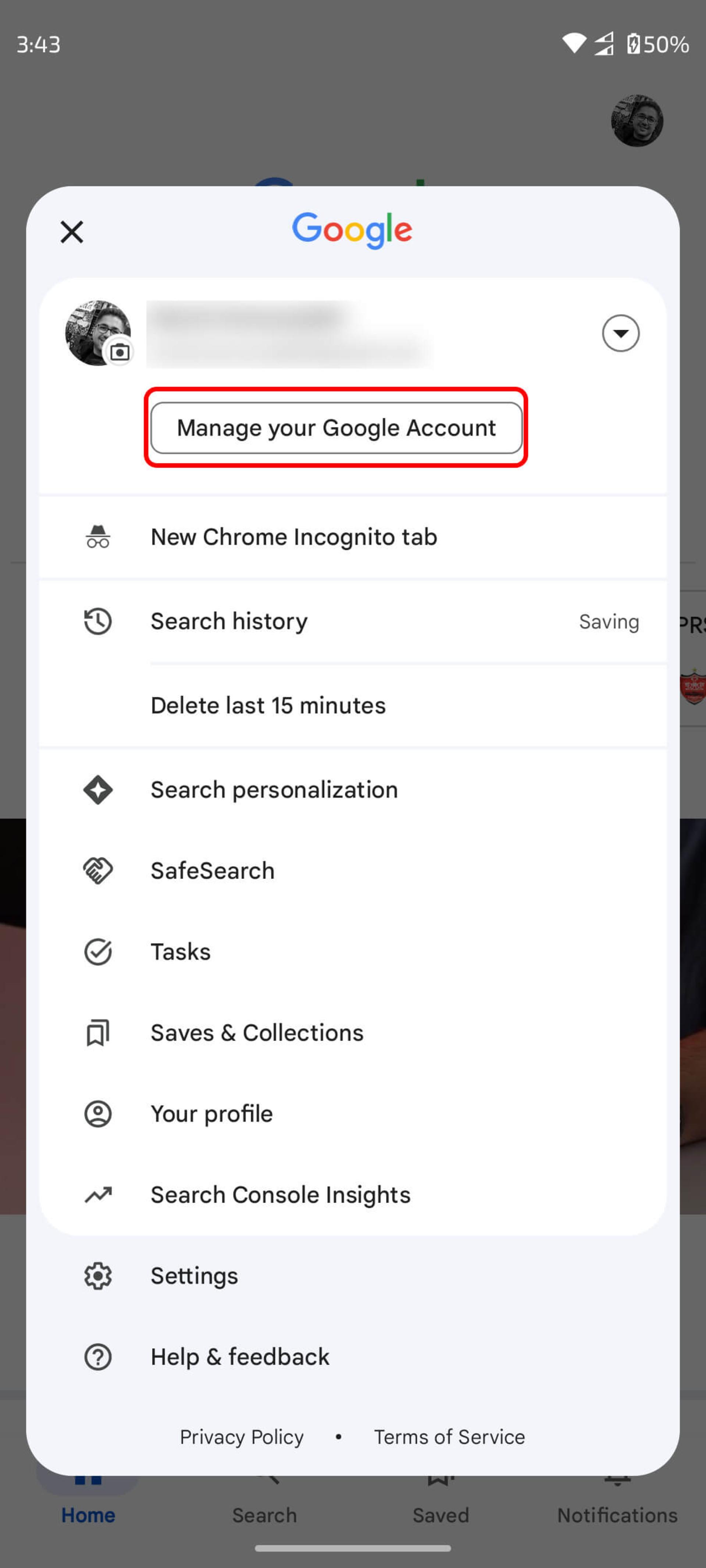 انتخاب گزینه manage your google account