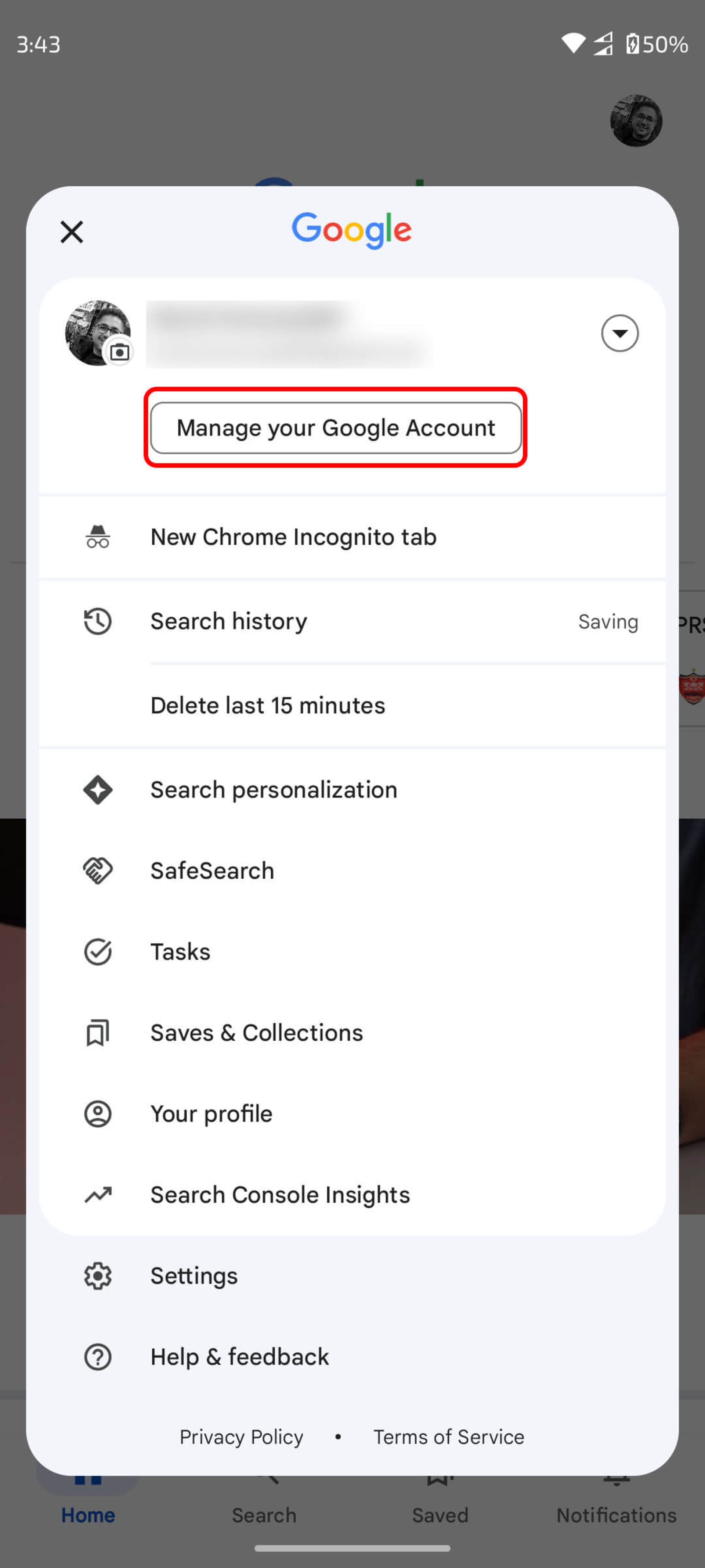 انتخاب گزینه manage your google account