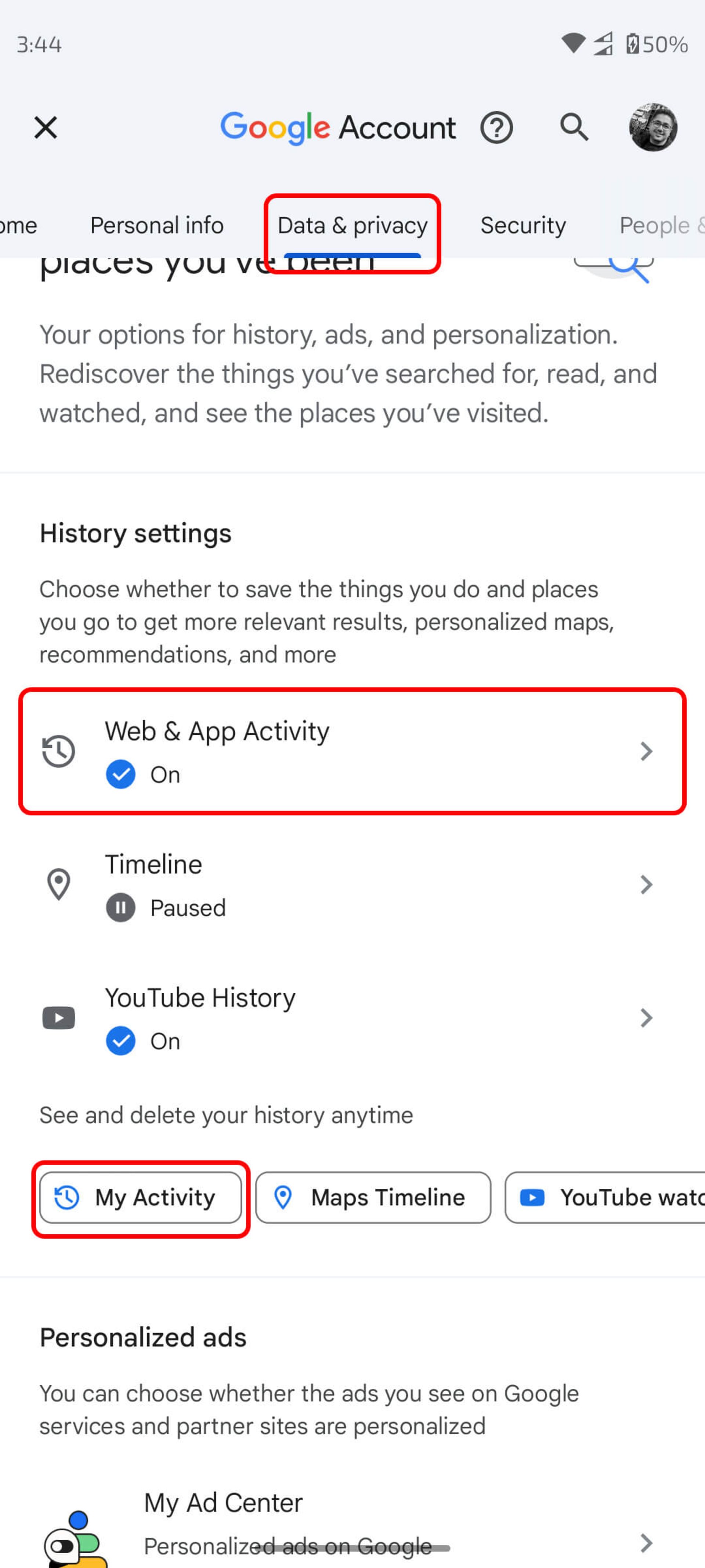 بخش Data & privacy (داده و حریم خصوصی)