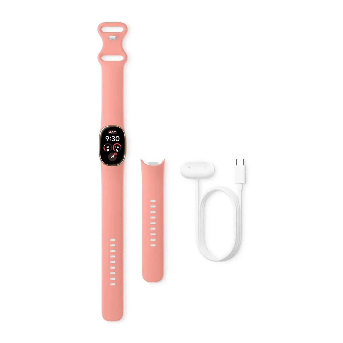 ردیاب سلامتی گوگل (Google Fitness Tracker) با بند سیلیکونی صورتی و شارژر مخصوص