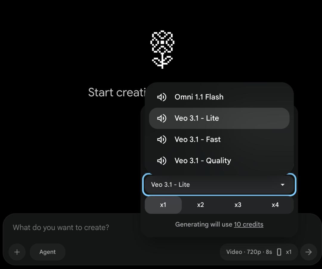 منوی انتخاب مدل‌های هوش مصنوعی Veo 3.1 در رابط کاربری Google Flow