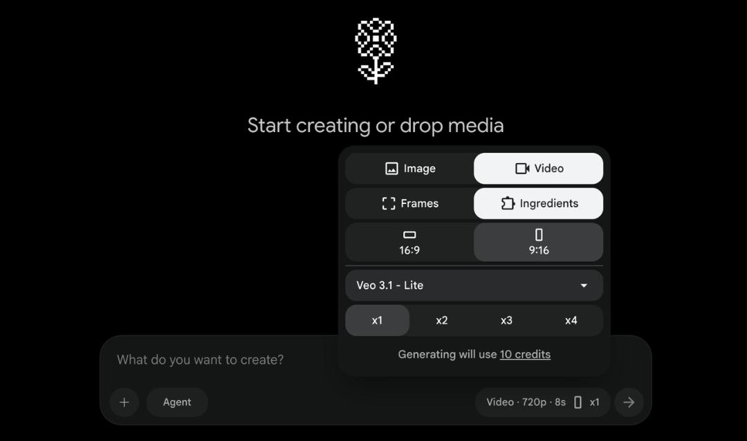 پنل تنظیمات ساخت ویدیو در ابزار هوش مصنوعی Google Flow