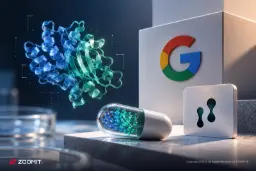 ساختار سه‌بعدی پروتئین در کنار لوگوی گوگل (Google) و کپسول دارو